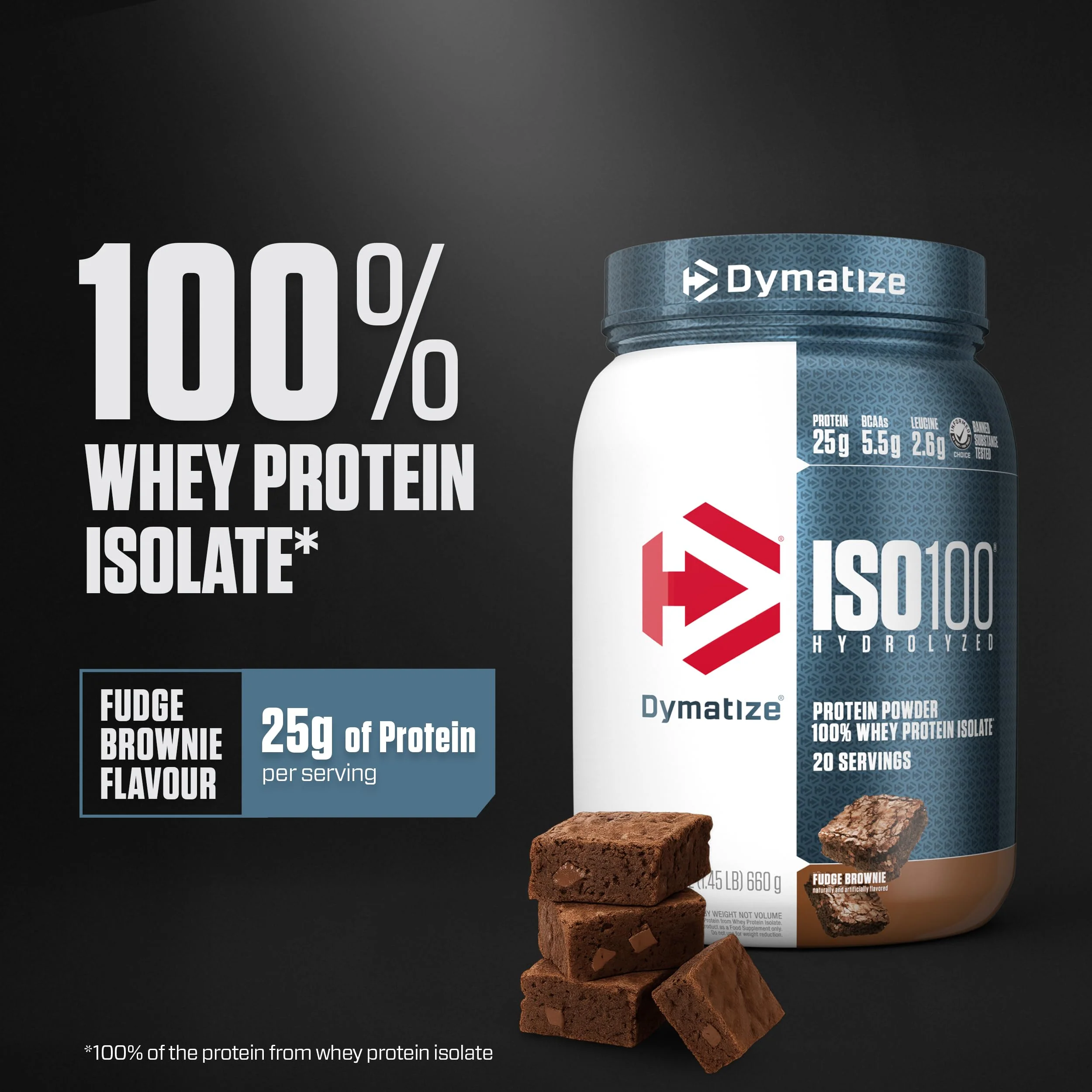 Dymatize ISO100 Whey Protein Powder Isolate, Fudge Brownie, 25g of Protein, 5.5g BCAAs, Less Than 120 Cal., Gluten Free, 1g Fat, 1g Sugar, 2g Carb (20 Servings) - Image 6
