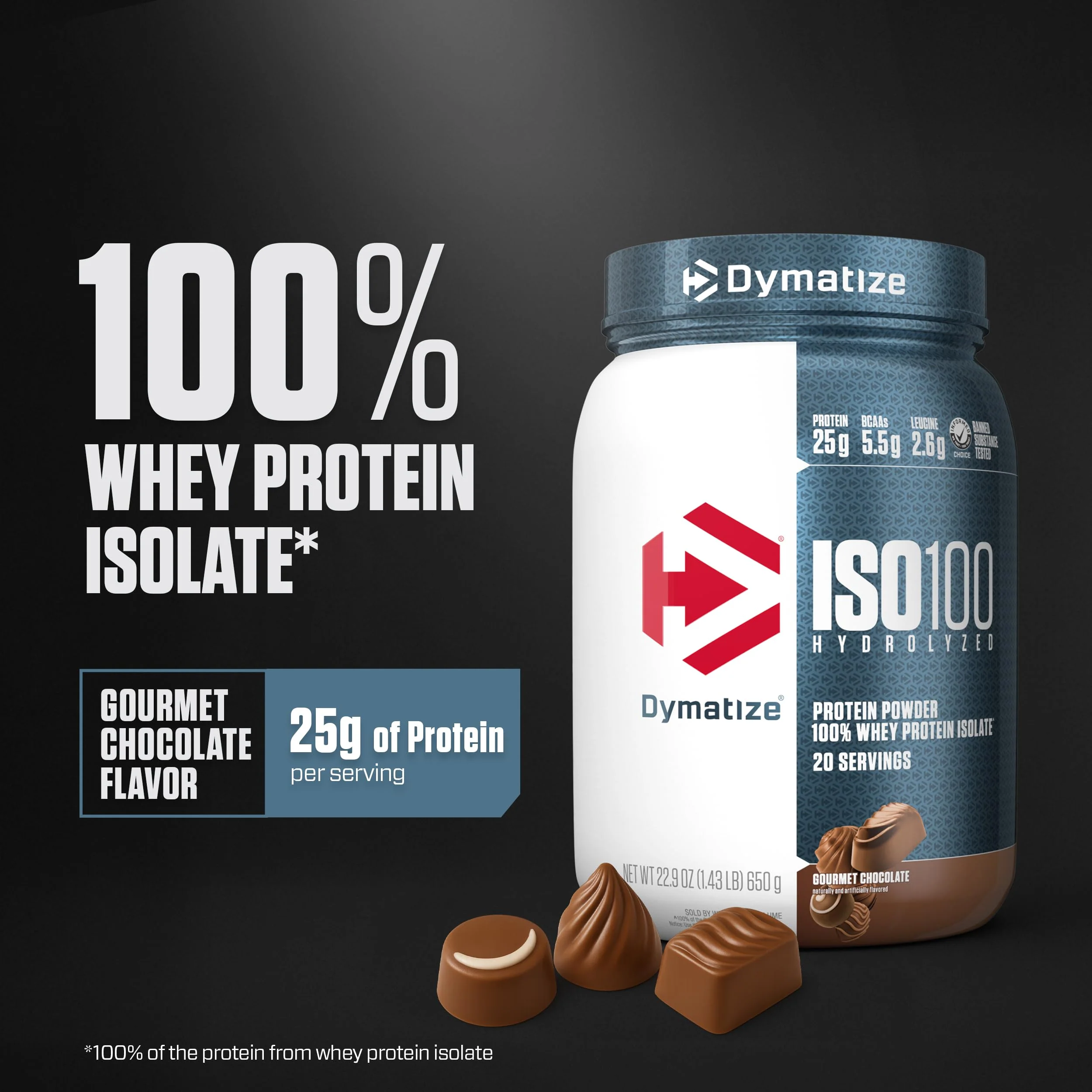 Dymatize ISO100 Whey Protein Powder Isolate, Gourmet Chocolate, 25g of Protein, 20 Servings, 5.5g BCAAs, Less Than 120 Cal., Gluten Free, 1g Fat, 1g Sugar, 2g Carb - Image 7