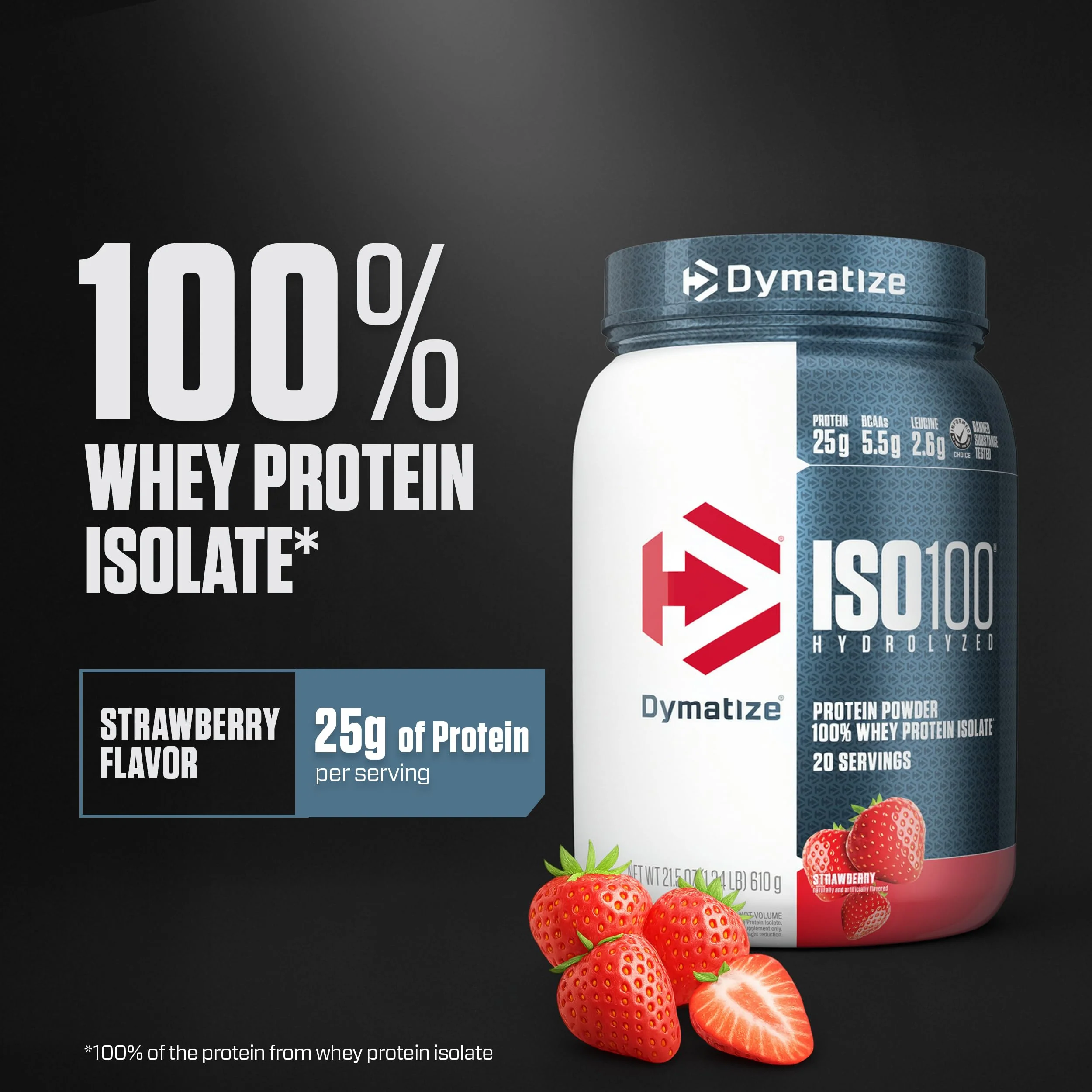 Dymatize ISO100 Whey Protein Powder Isolate, Strawberry, 25g of Protein, 5.5g BCAAs, Less Than 120 Cal., Gluten Free, 1g Fat, 1g Sugar, 2g Carb (20 Servings) - Image 6