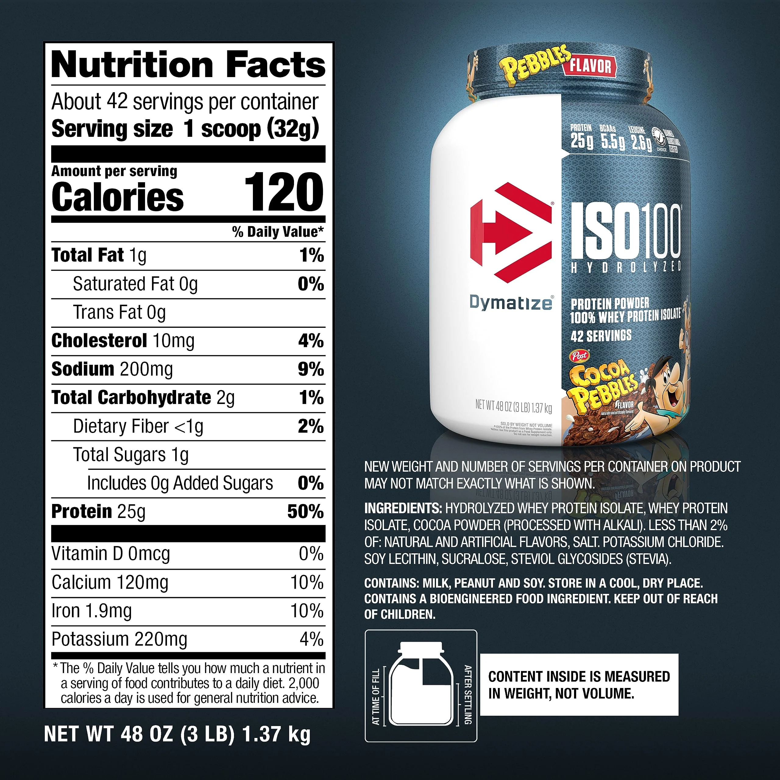 Dymatize x Cocoa Pebbles ISO100 Whey Protein Powder Isolate, 25g of Protein, 5.5g BCAAs, 120 Cal., Gluten Free, 1g Fat, 1g Sugar, 2g Carb (42 Servings) - Image 3