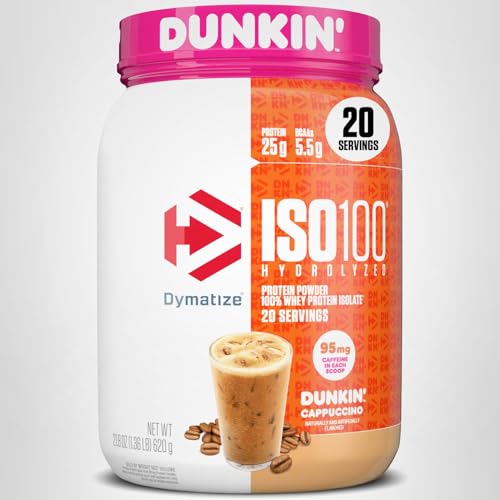 Dymatize x Dunkin' Cappuccino ISO100 Whey Protein Powder, 95mg Caffeine, 25g of Protein5.5g BCAAs, 120 Cal., Gluten Free, 1g Fat, 1g Sugar, 2g Carb (20 Servings) - Image 9