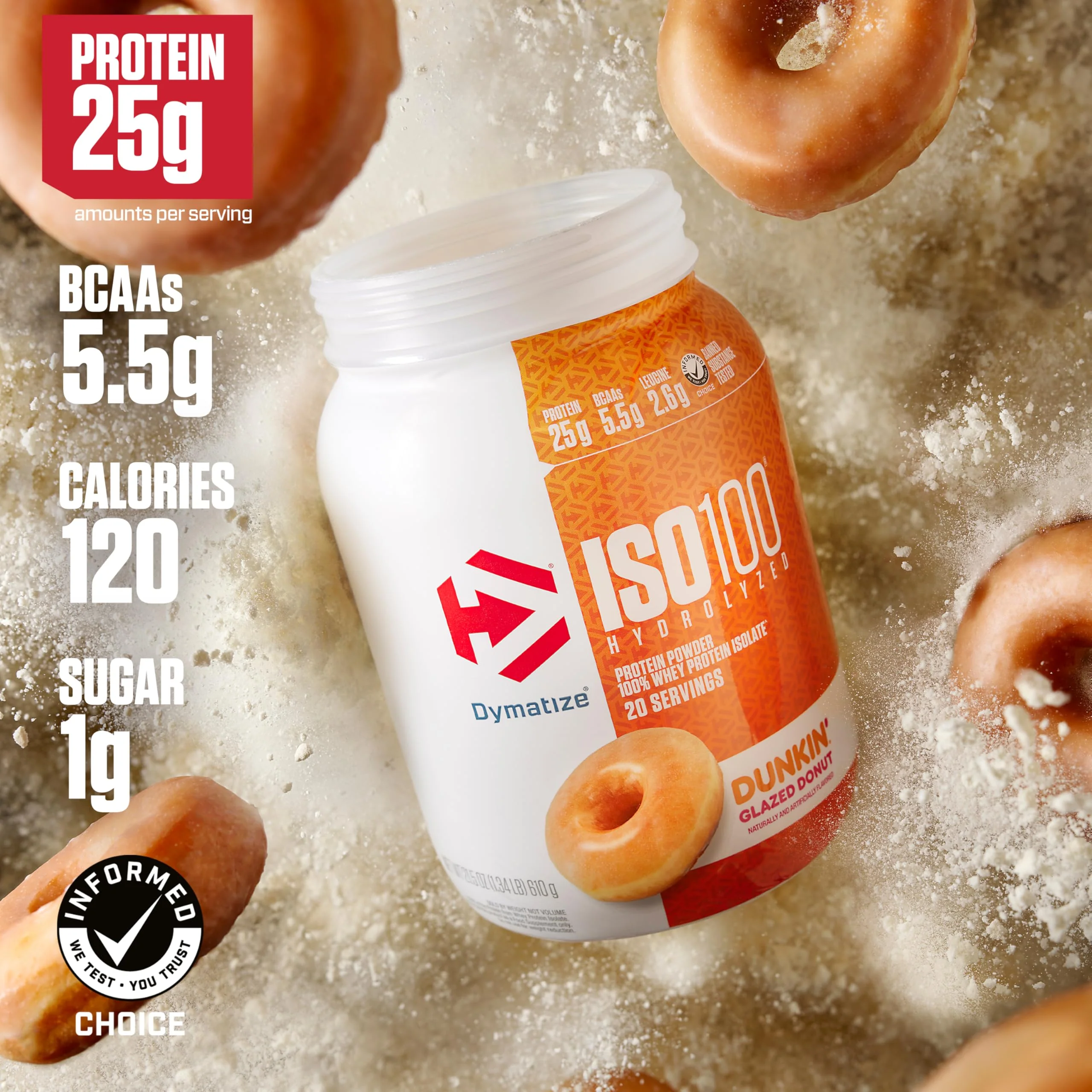 Dymatize x Dunkin' Glazed Donut ISO100 Whey Protein Powder, 25g of Protein, 5.5g BCAAs, 120 Cal., Gluten Free, 1g Fat, 1g Sugar, 2g Carb (20 Servings) - Image 6