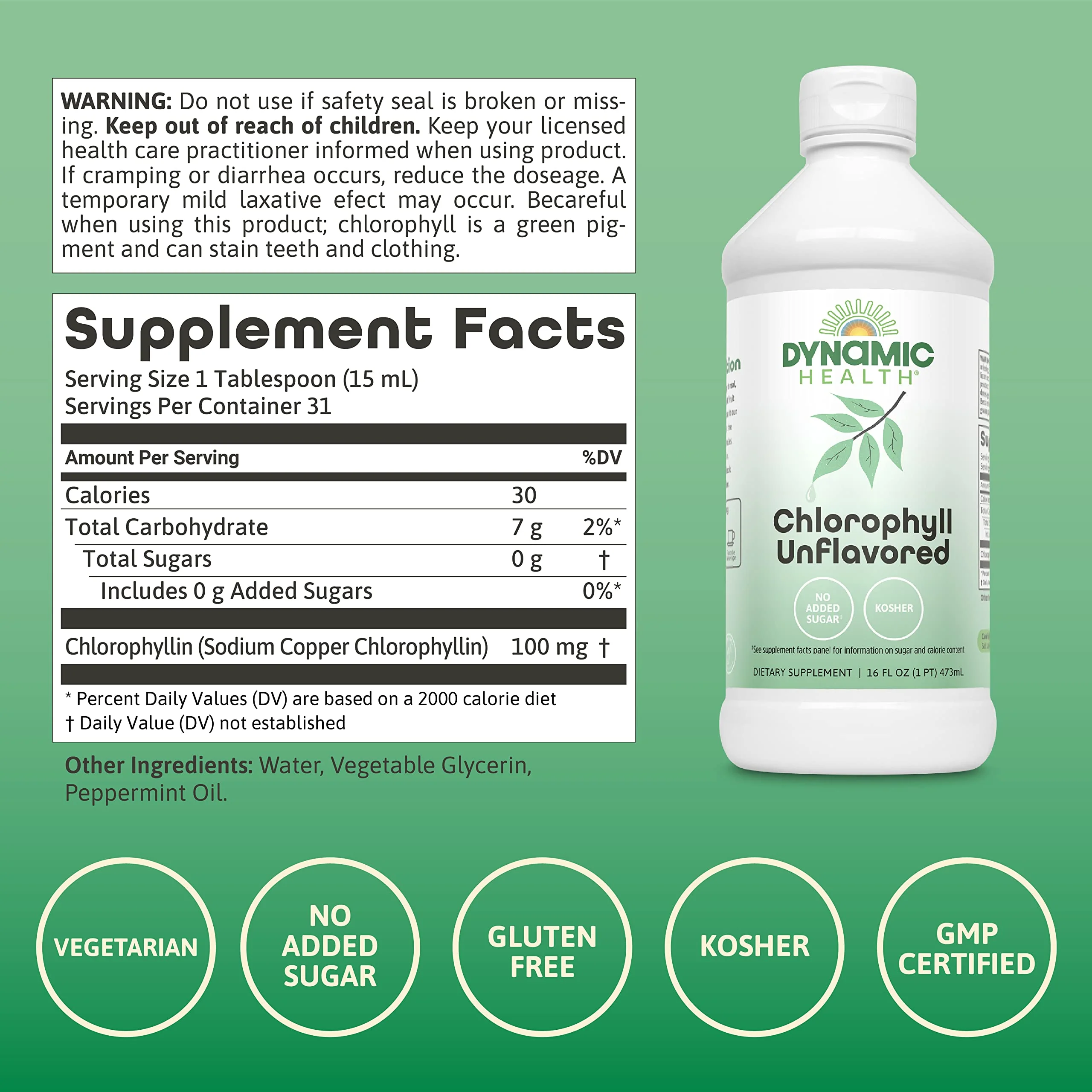 Dynamic Health Liquid Chlorophyll Unflavored 100 mg, Sodium Copper Chlorophyllins with Alfalfa and Mulberry Leaves, Plant Cleanse and Deodorizing, No Added Sugar, 16 Fl Oz - Image 5