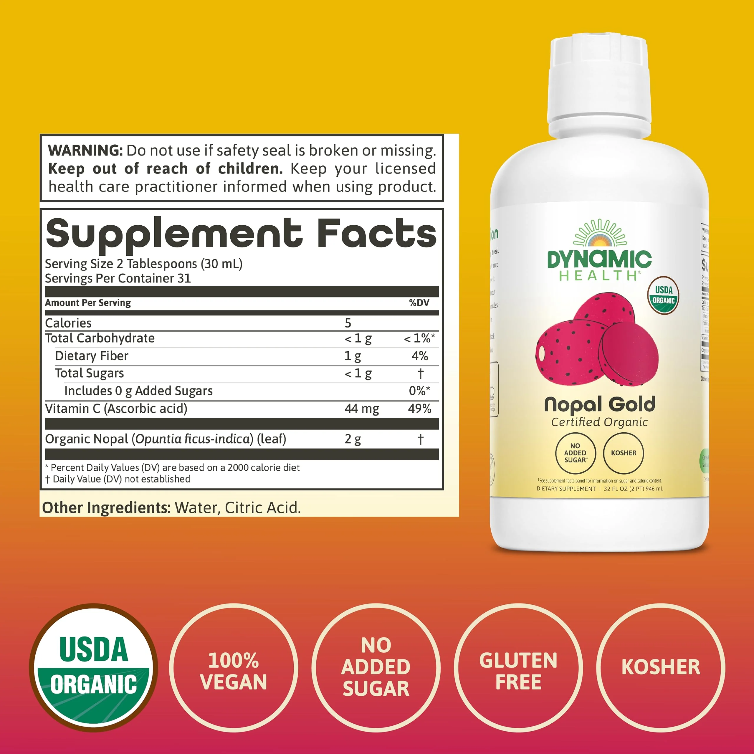 Dynamic Health Nopal Gold, Organic, No Additives, Antioxidant Support, Vegan, Gluten Free, Non-GMO, 32 Fl oz - Image 3