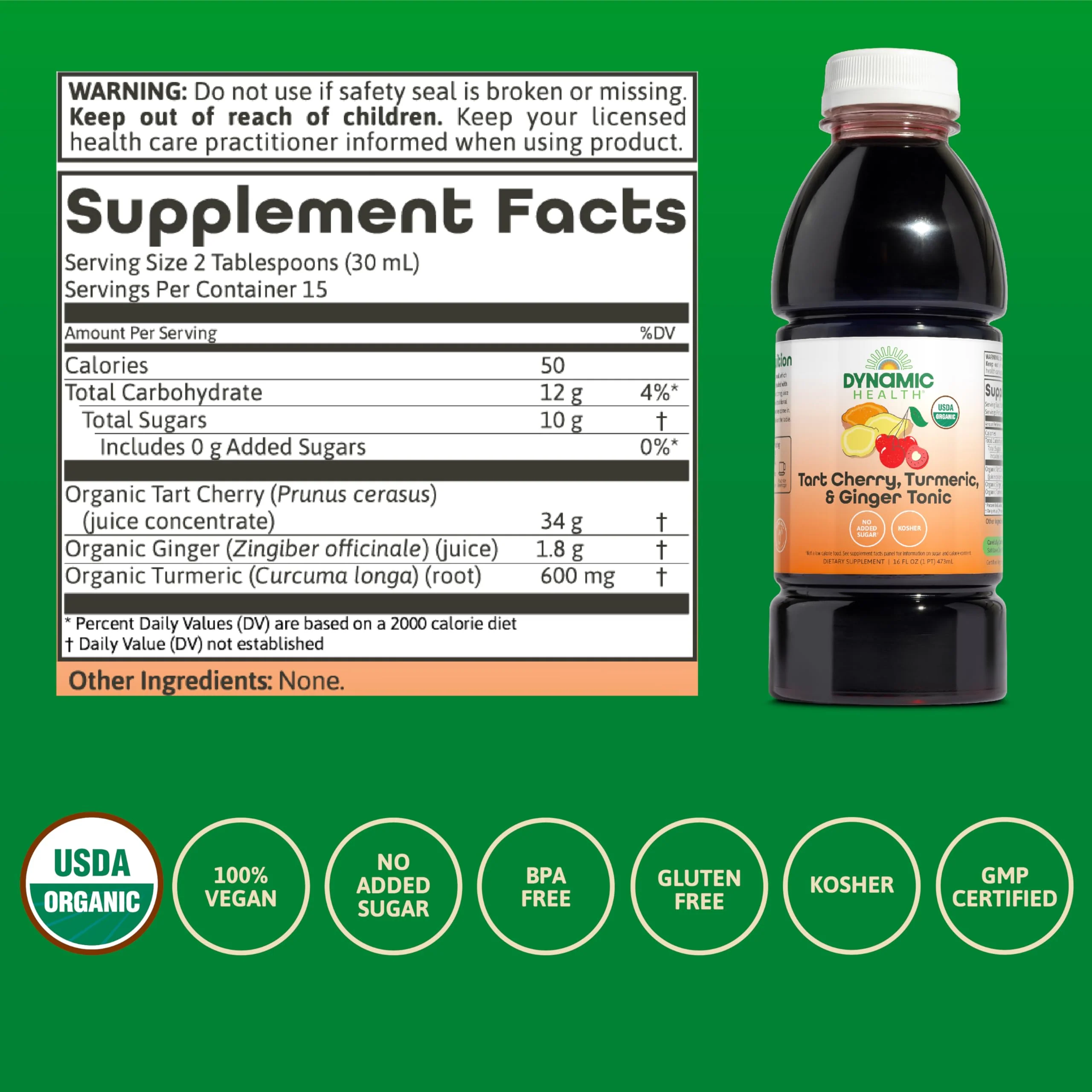 Dynamic Health Tart Cherry Juice Tonic with Turmeric & Ginger | Vegetarian and Kosher | Key Compounds | 16 Fl Oz - Image 5
