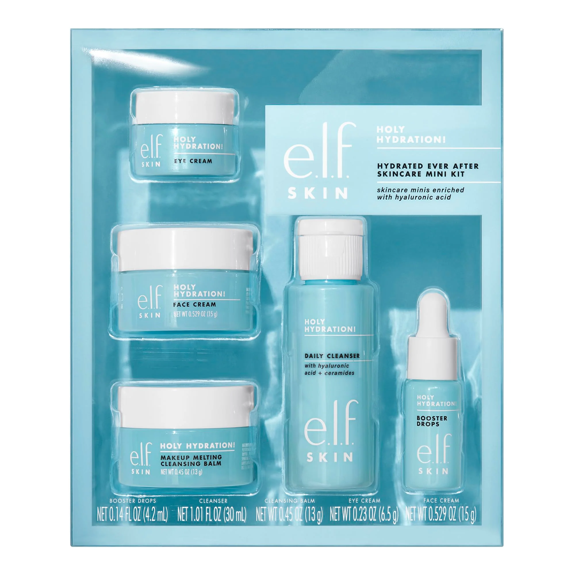 e.l.f. SKIN Holy Hydration! Hydrated Ever After Skincare Mini Kit, Cleanser, Makeup Remover, Moisturizer & Eye Cream For Hydrating Skin, Airplane-Friendly Sizes