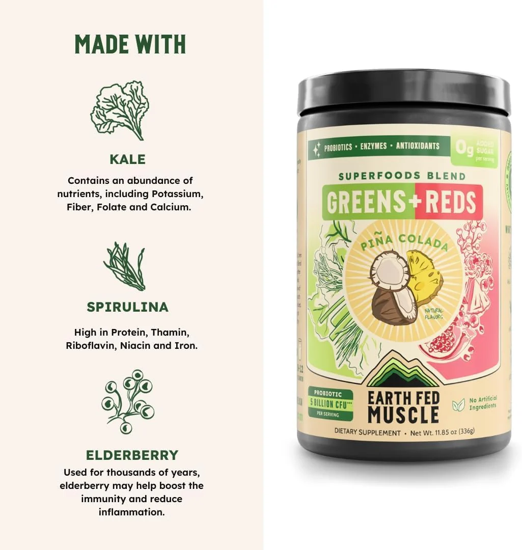 Earth Fed Muscle Superfoods Blend Reds & Greens Powder, Piña Colada Flavor, Juice & Smoothie Mix with Organic Kale, Spirulina, Wheat Grass - Detox & Cleanse, No Added Sugar - Non-GMO - 30 Servings - Image 2