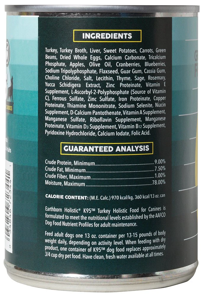 Earthborn Holistic K95 Turkey Recipe Grain-Free Canned Moist Dog Food 13 oz Can - Image 2