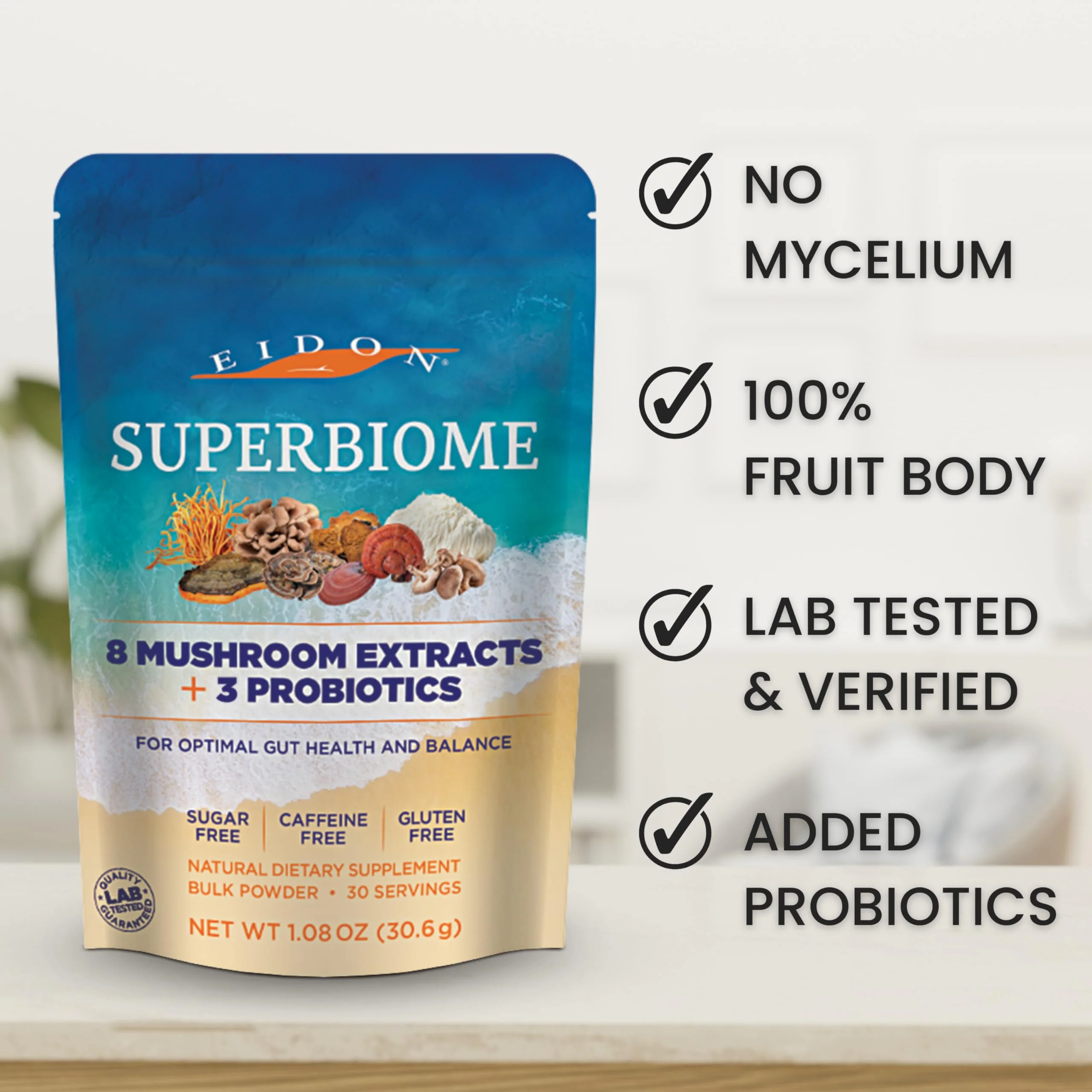 Eidon SuperBiome, Mushroom Probiotics Powder Blend, Gut Balance, Microbiome Health Supplement with Organic Reishi, Chaga, Lion's Mane, Cordyceps, Turkey Tail, Shitake, Maitake, Phelinus, 30 Servings - Image 6