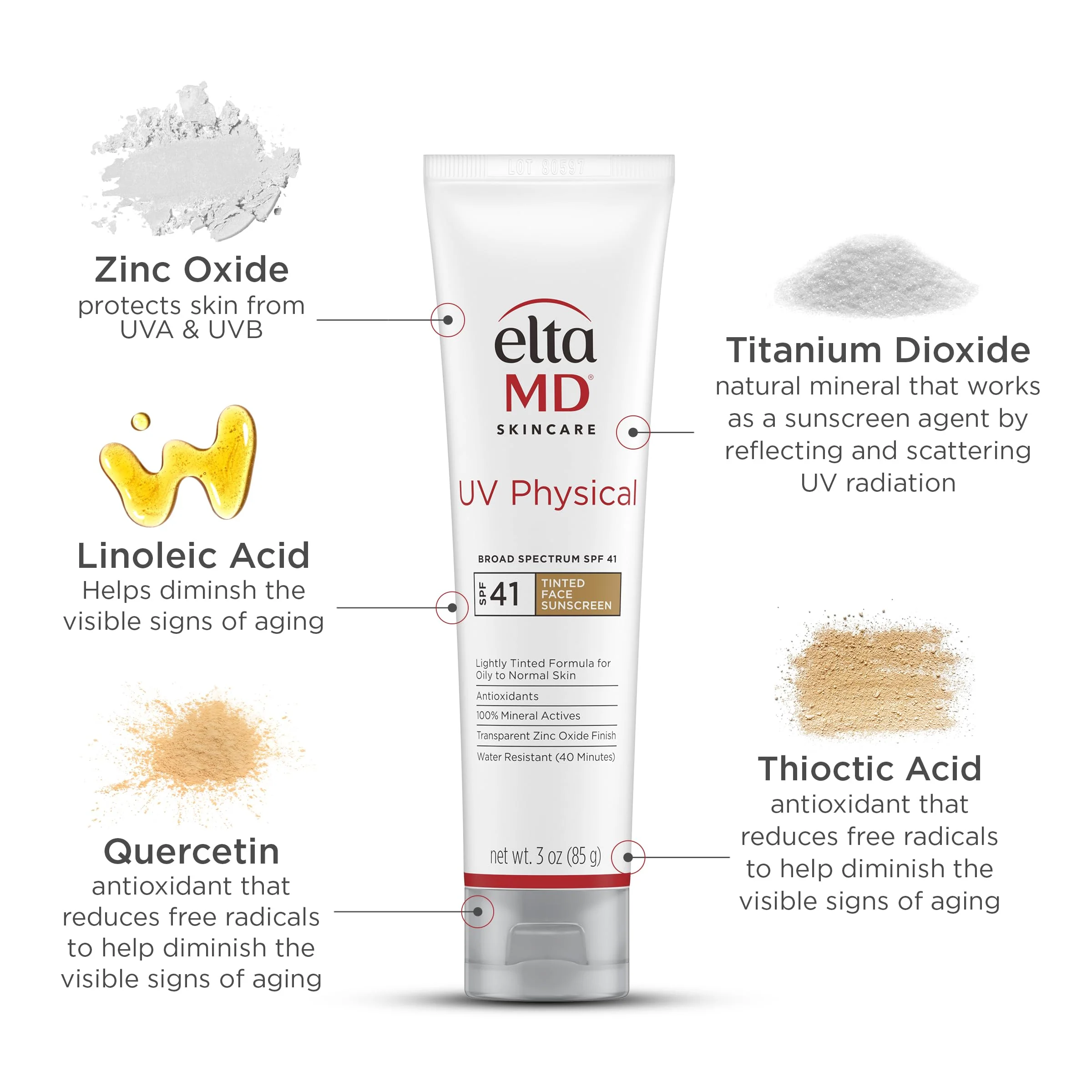 EltaMD UV Physical Tinted Mineral Sunscreen for Face SPF 41, 100% Mineral Actives Tinted Face Lotion, Water Resistant, Paraben-Free, Transparent Zinc Oxide Finish, Facial Travel Size Sunscreen 3 oz - Image 6