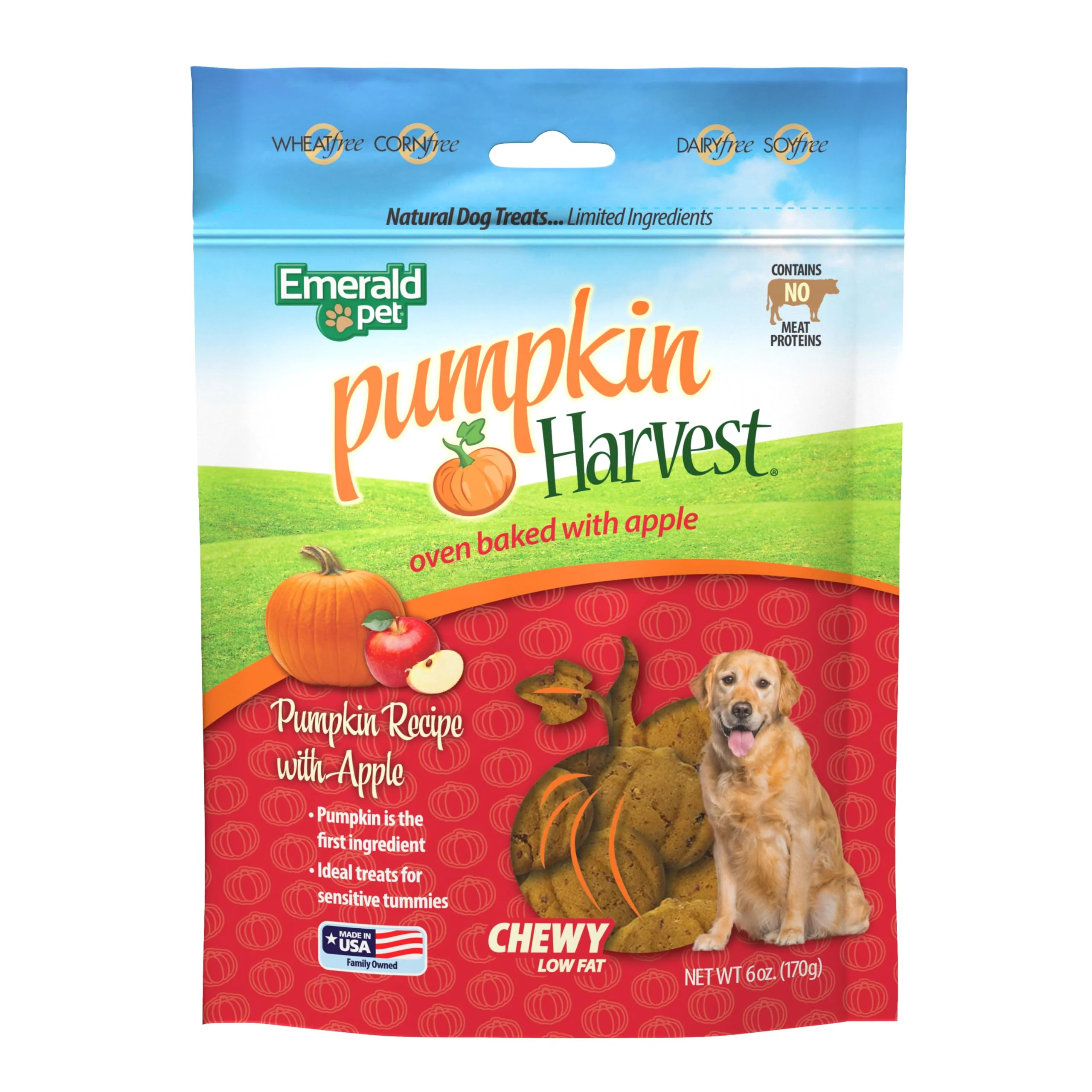 Emerald Pet Pumpkin Harvest Dog Treats — Low-Fat Chewy Natural Treats with Pumpkin for Digestive Health — Meat Free, Poultry Free, Wheat Free — Apple, 6 oz