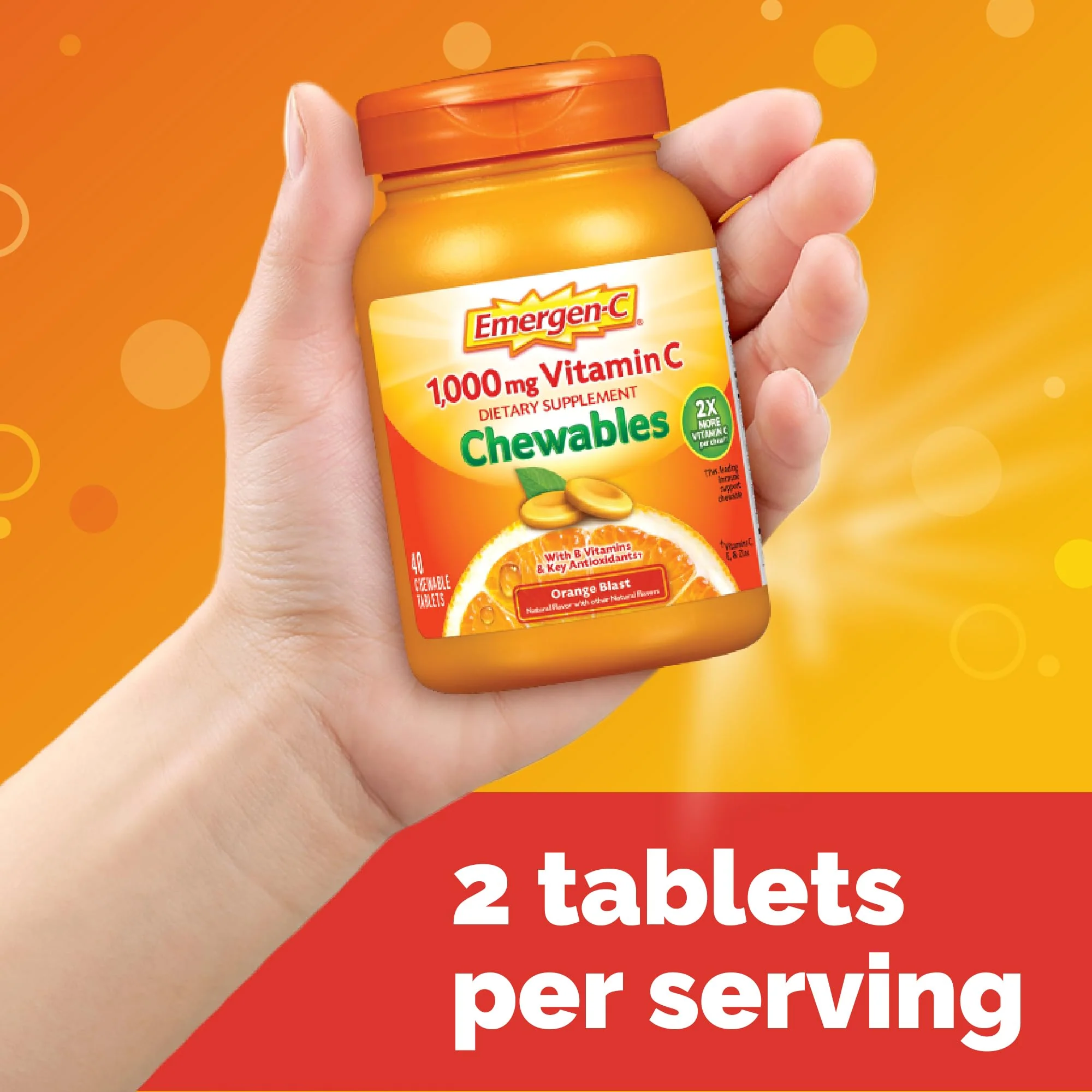 Emergen-C Chewable Vitamin C 1000mg, With B Vitamins And Antioxidants Tablet (40 Count, Orange Blast Flavor), Dietary Supplement - Image 4