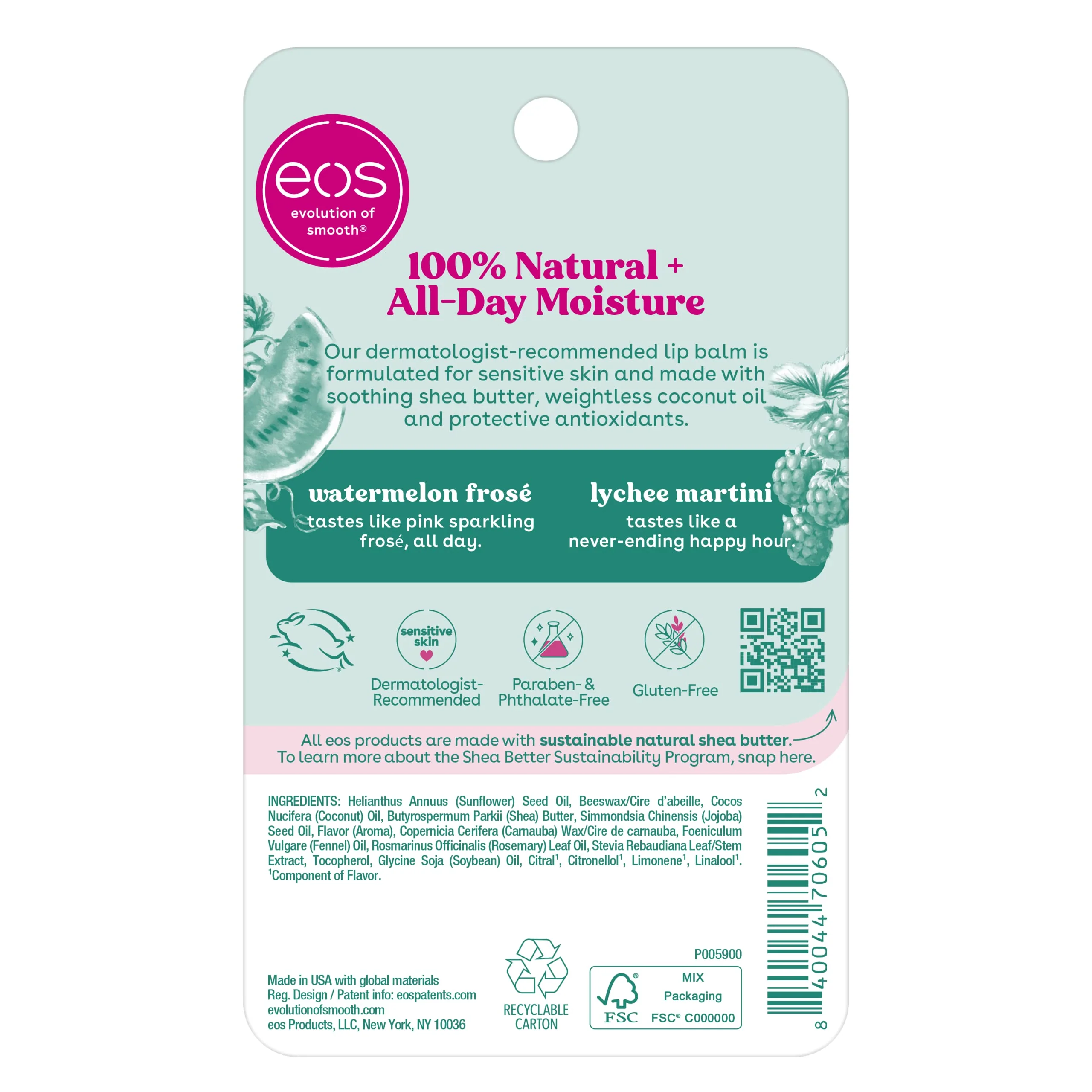 eos 100% Natural Lip Balm Sticks - Watermelon Frosé and Lychee Martini, All-Day Moisture, Dermatologist Recommended, All Natural Lip Balm, 0.14 oz, 2-Pack - Image 2