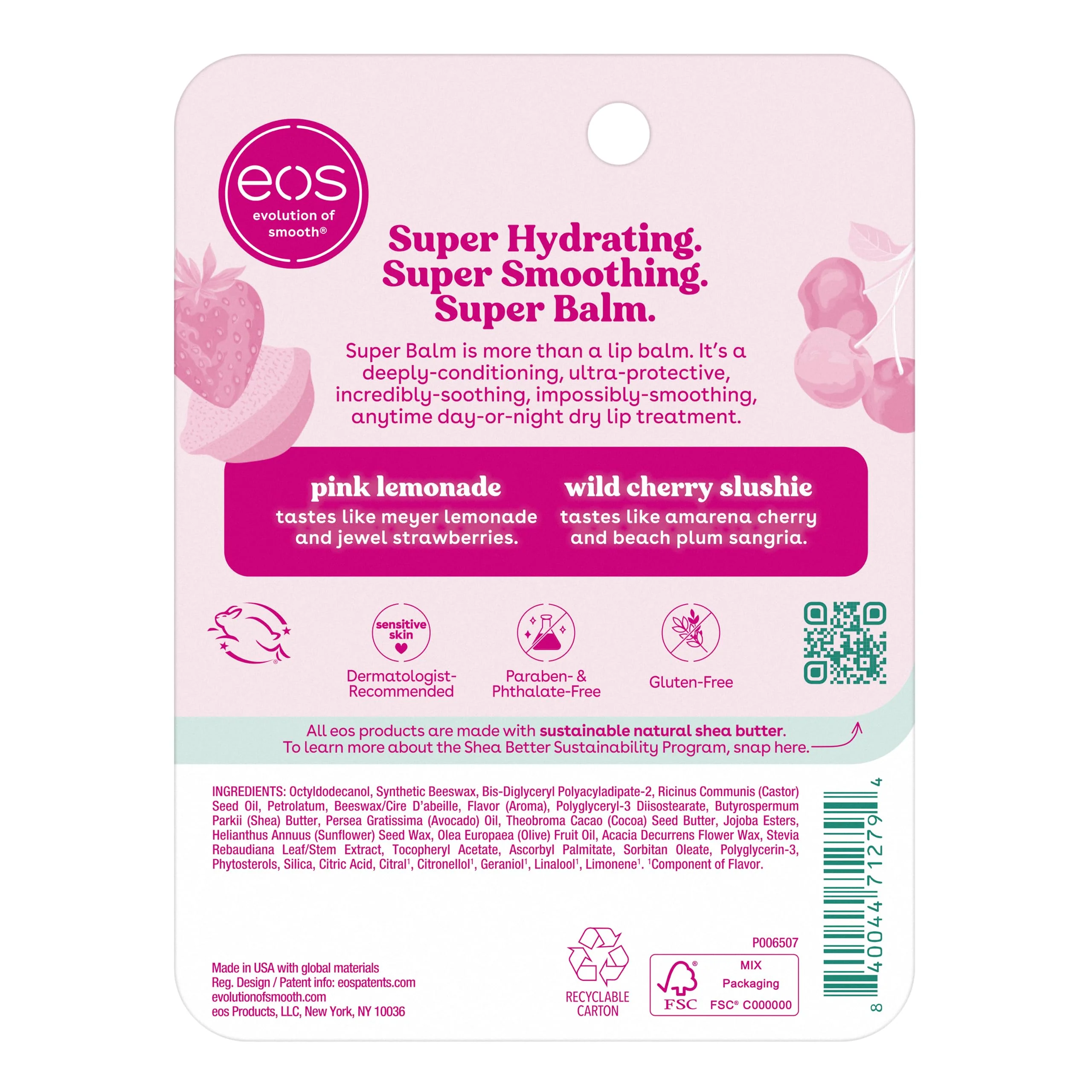 eos 24H Moisture Super Balm - Pink Lemonade & Wild Cherry Slushie, Day or Night Lip Treatment, Made for Sensitive Skin, Lip Balms & Moisturizers, 0.35 fl oz, 2-Pack - Image 2