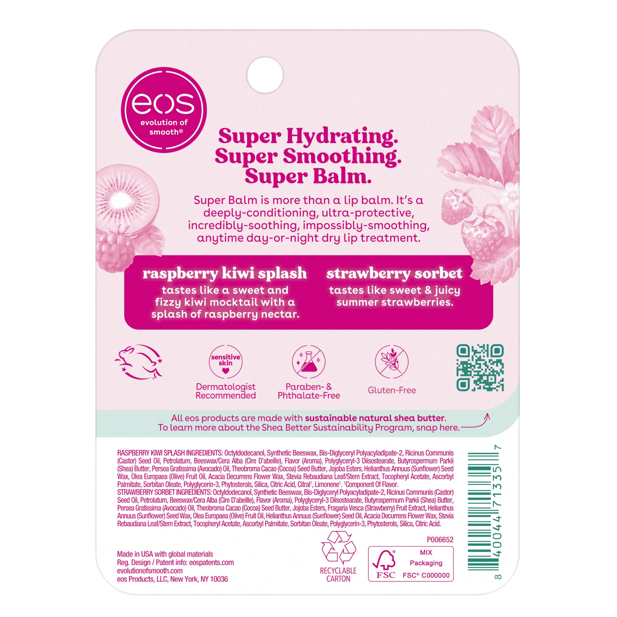 eos 24H Moisture Super Balm- Raspberry Kiwi Splash & Strawberry Sorbet, Lip Mask, Day or Night Lip Treatment, Made for Sensitive Skin, 0.35 fl oz, 2-Pack - Image 2