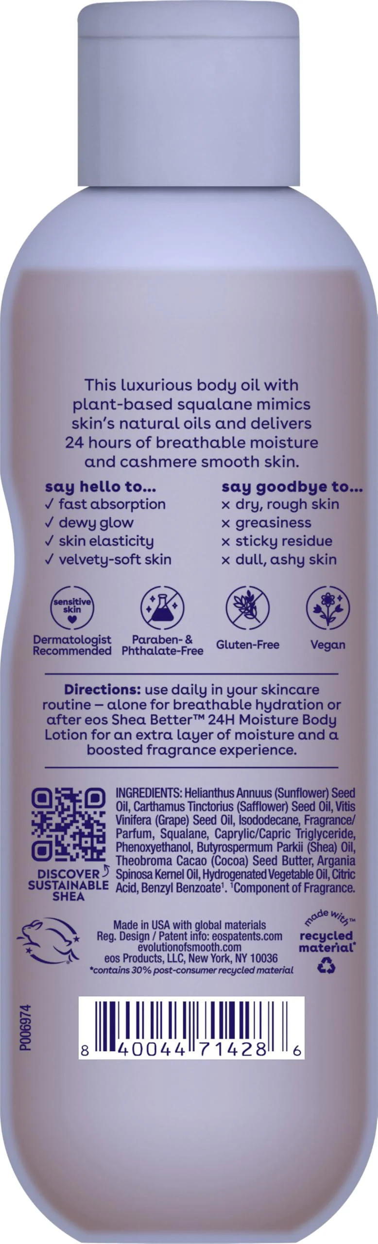 eos Cashmere Oil, Vanilla, 24 Hour Moisture, Plant-Based Squalane to Soothe, Soften and Smooth Dry Skin, 6 fl oz - Image 11