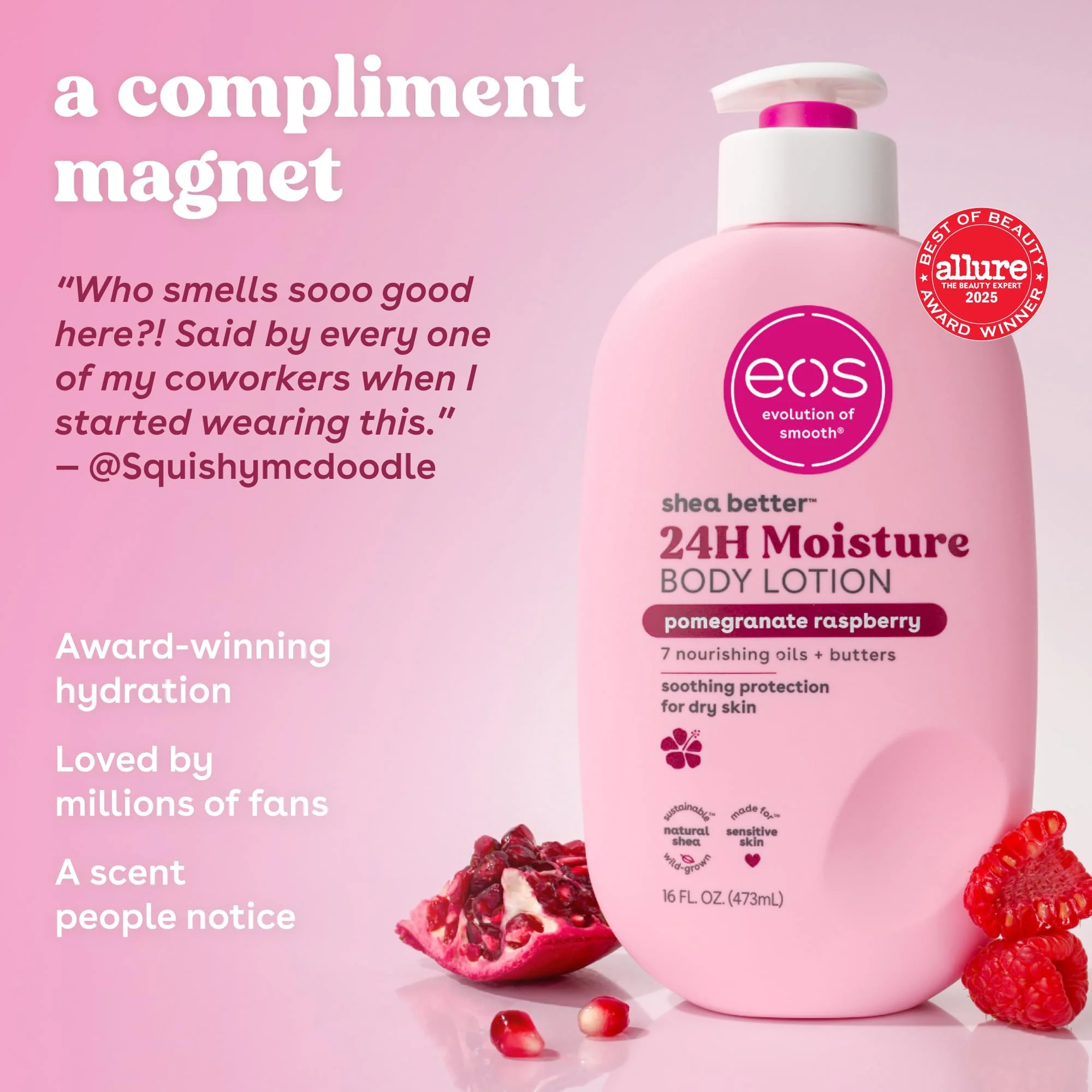 eos Shea Better Body Lotion Pomegranate Raspberry, 24-Hour Moisture Skin Care, Lightweight & Non-Greasy, Natural Shea, Vegan, 16 fl oz - Image 9