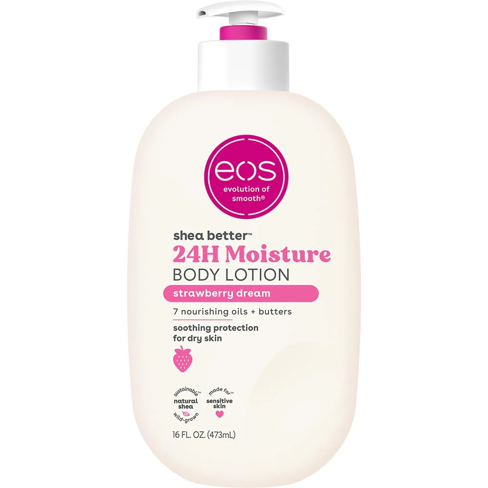 eos Shea Better Body Lotion Strawberry Dream, 24-Hour Moisture Skin Care, Lightweight & Non-Greasy, Natural Shea, Vegan, Strawberry Body Lotion, 16 fl oz