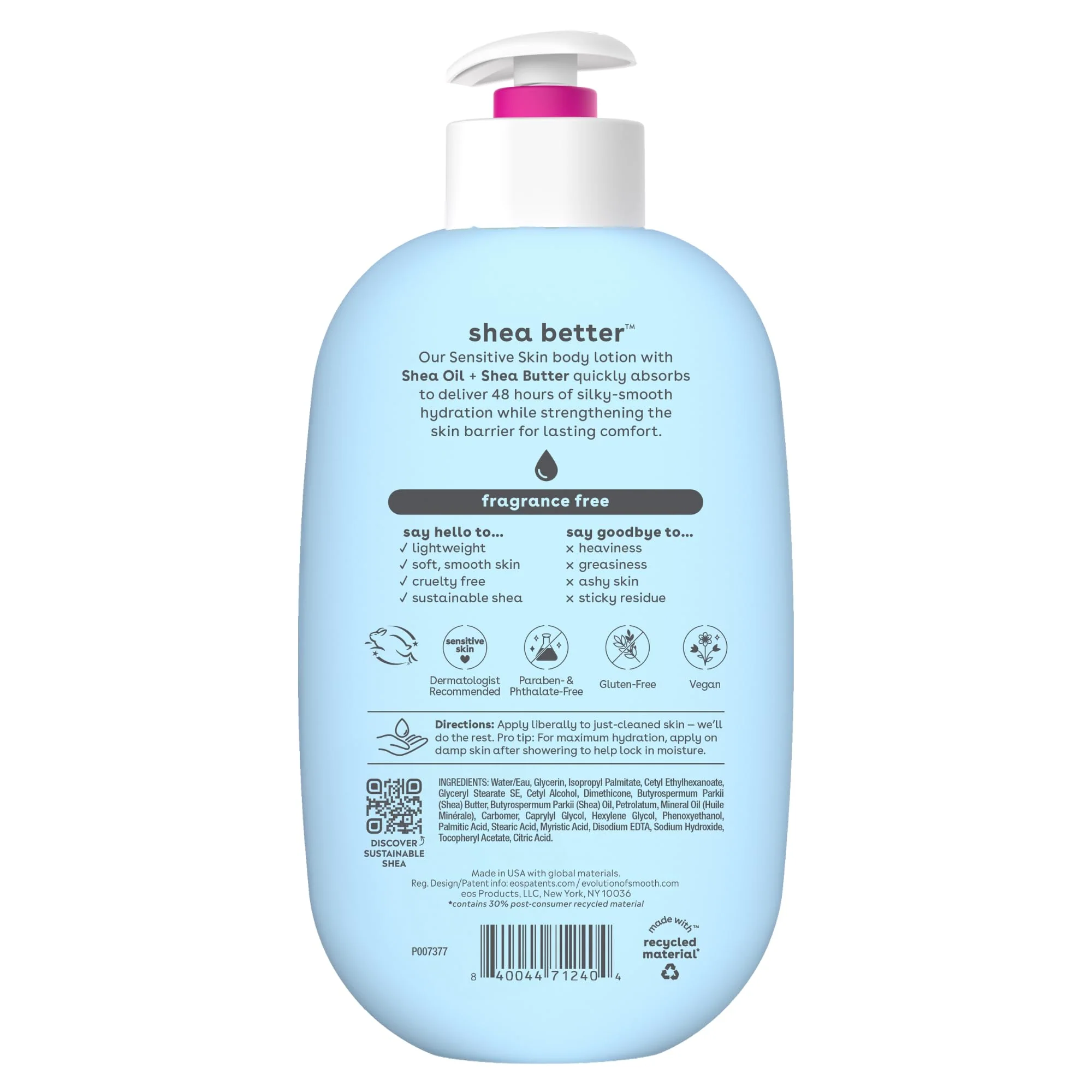 eos Shea Better Sensitive Skin Body Lotion, 48-Hour Moisture Skin Care, For Dry Skin, Fragrance Free Body Lotion, Eczema Lotion, Vegan, 16 fl oz (Packaging may vary) - Image 2