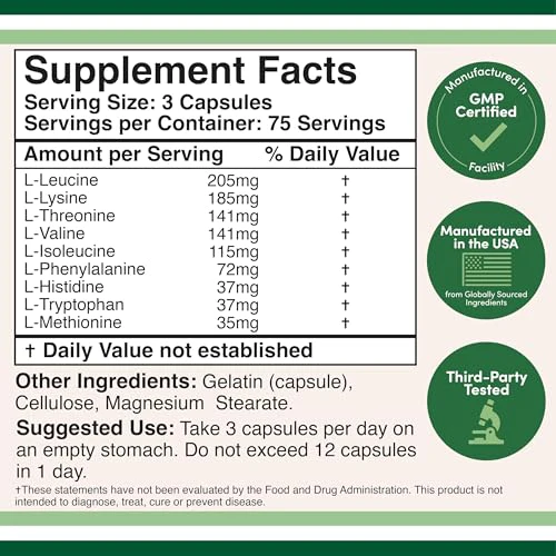 Essential Amino Acids - 1 Gram Per Serving Powder Blend of All 9 Essential Aminos (EAA) and All Branched-Chain Aminos (BCAAs) (Leucine, Isoleucine, Valine) 225 Capsules, Gluten Free by Double Wood - Image 6