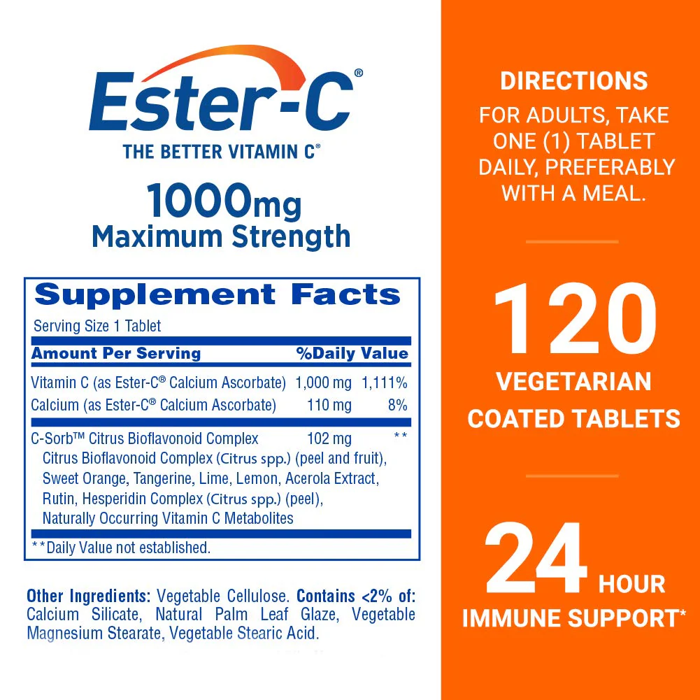 Ester-C Vitamin C 1000 mg Coated Tablets, Immune System Booster, Stomach-Friendly Supplement, 120 Count - Image 6