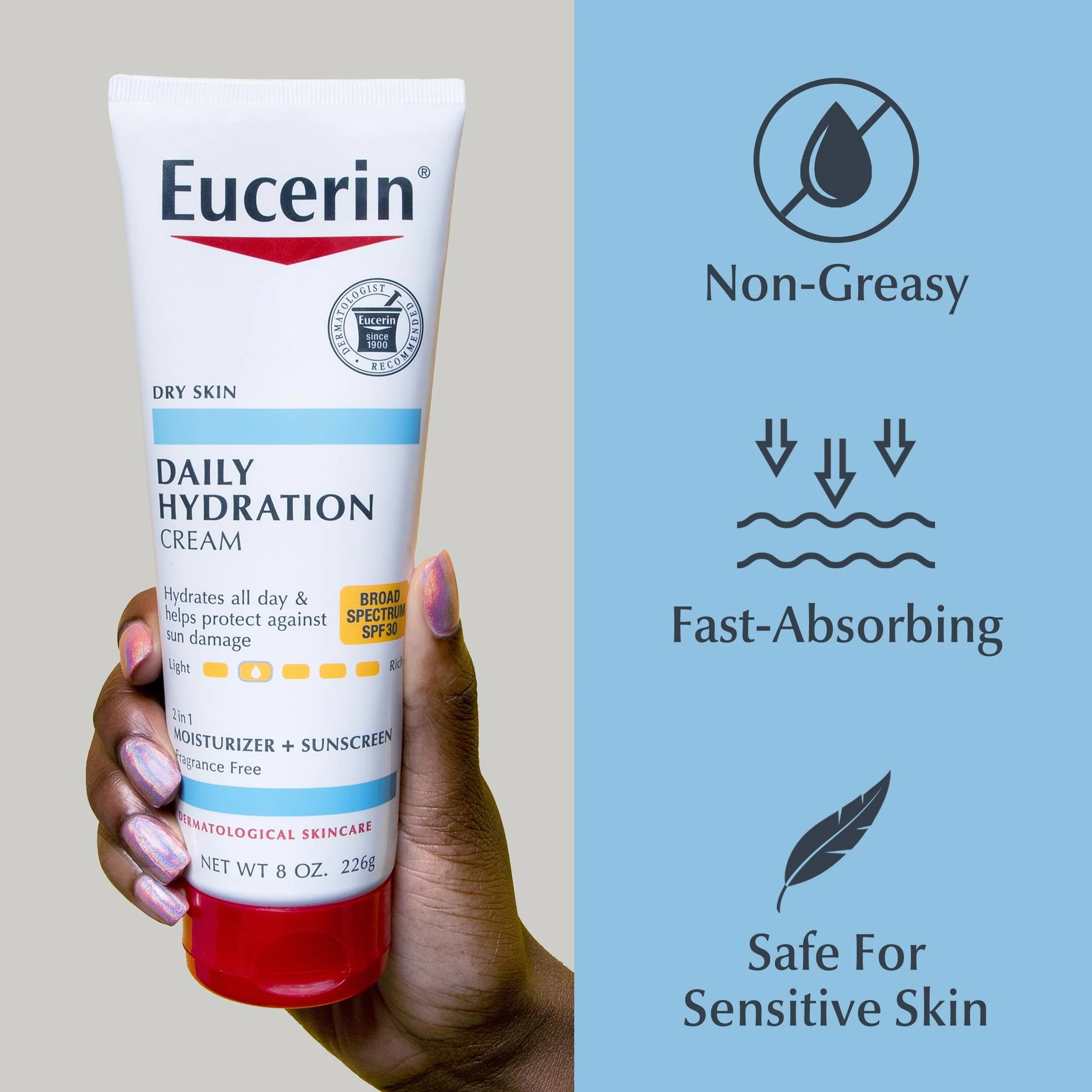 Eucerin Daily Hydration Broad Spectrum SPF 30 Sunscreen Body Cream for Dry Skin, Fragrance Free Sunscreen Moisturizer, 8 Oz Tube - Image 9