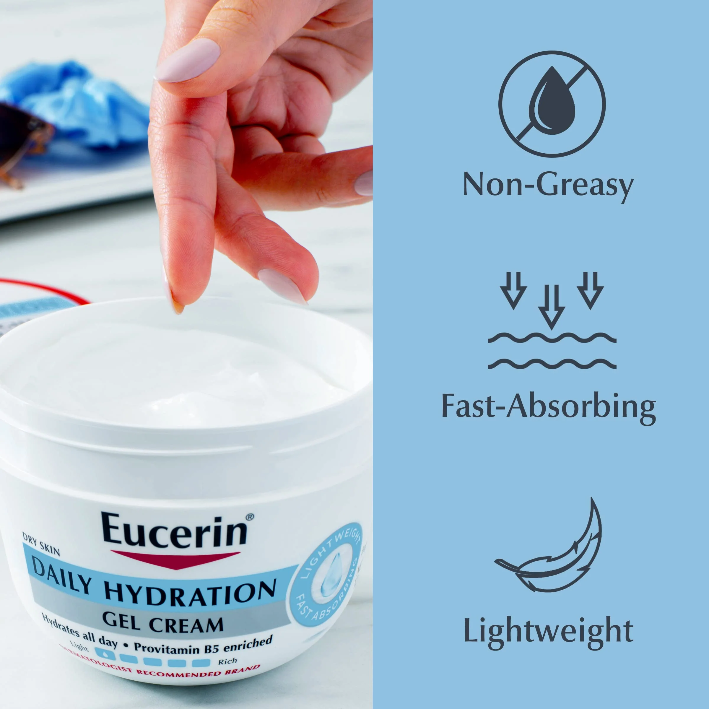 Eucerin Daily Hydration Gel Cream, Fragrance Free Body Moisturizer for Dry Skin, Enriched With Provitamin B5 and Sunflower Oil, 12 Oz Jar - Image 5