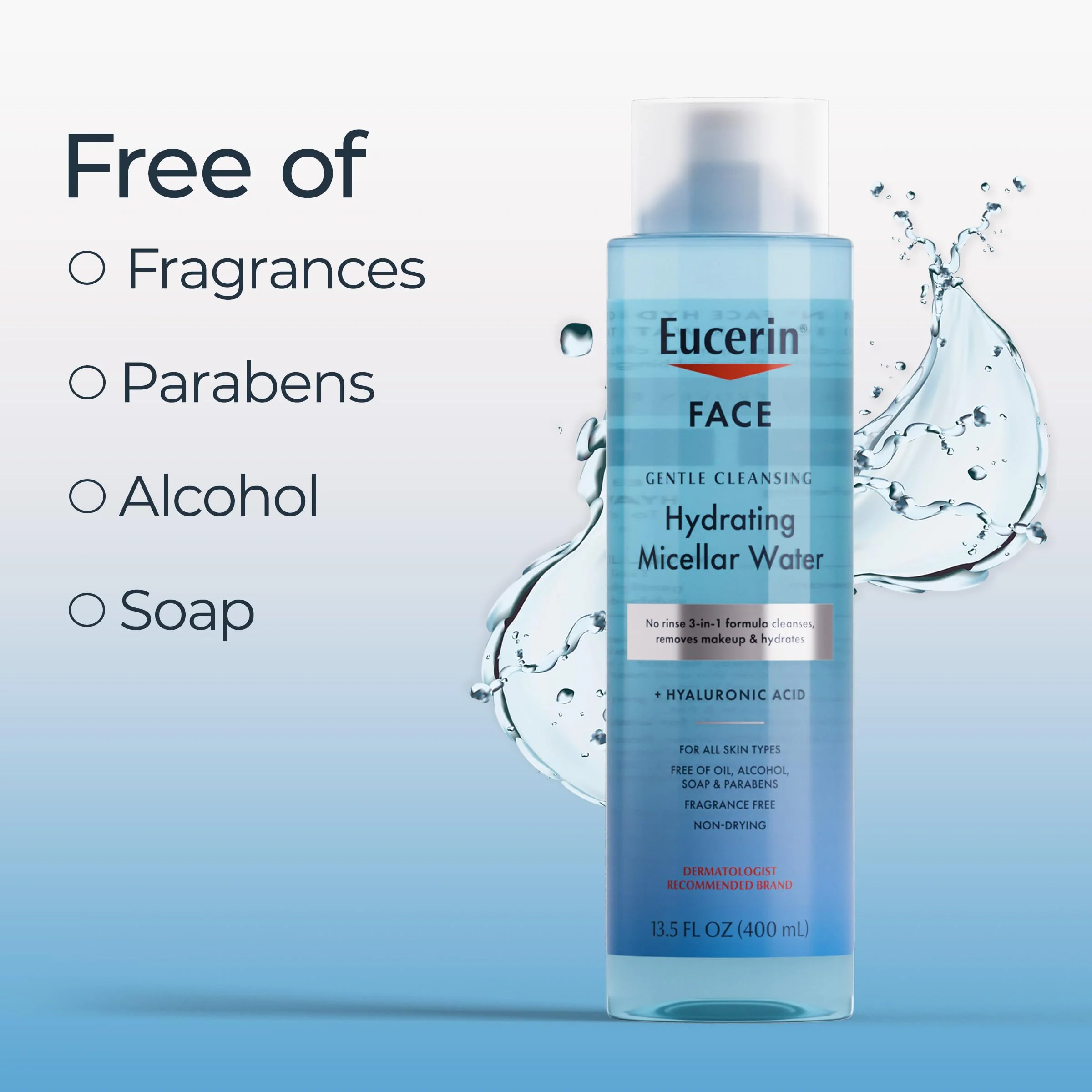 Eucerin Face Gentle Cleansing Hydrating Micellar Water with Hyaluronic Acid, Face Cleanser and Makeup Remover, Fragrance Free and Non-Drying for All Skin Types, 13.5 Fl Oz Bottle - Image 12