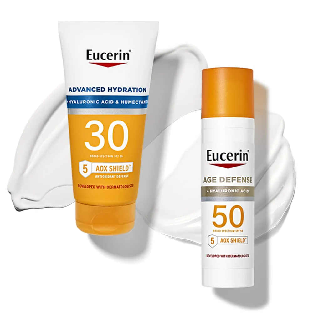 Eucerin Sun Advanced Hydration SPF 30 Sunscreen Lotion (5 Fl Oz) + Eucerin Sun Age Defense Face Sunscreen Lotion SPF 50 (2.5 Fl Oz), Sun Protection with Hyaluronic Acid