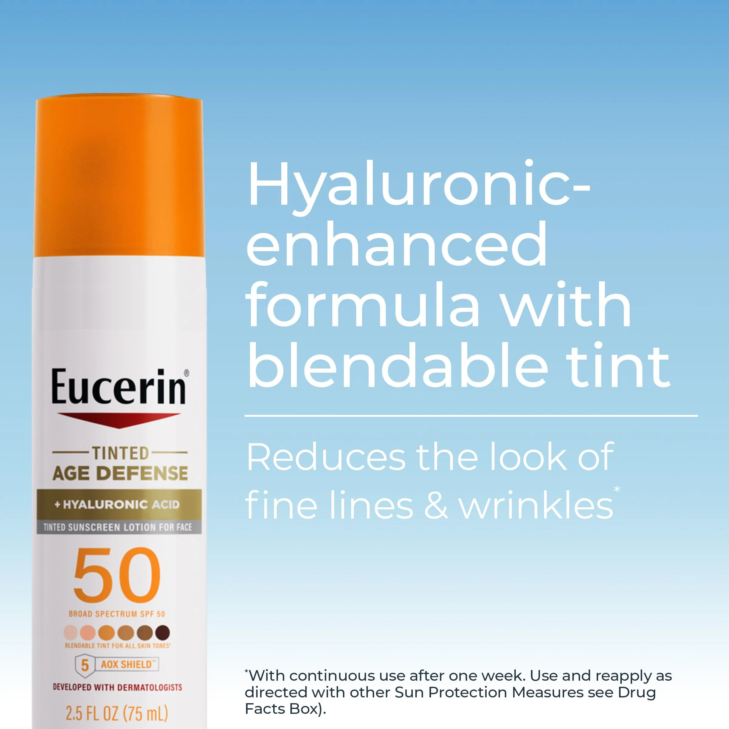 Eucerin Sun Tinted Age Defense Face Sunscreen Lotion SPF 50 with Hyaluronic Acid, Tinted Sunscreen for Face, Blendable Tint for All Skin Tones, Non Comedogenic and Hypoallergenic, 2.5 Fl Oz Bottle - Image 11