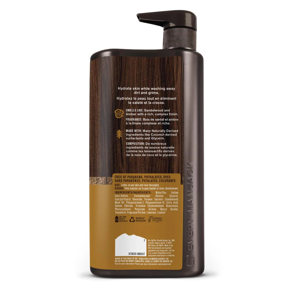 Every Man Jack Nourishing Amber + Sandalwood Mens Body Wash for All Skin Types - Cleanse, Nourish, and Hydrate Skin with Naturally Derived Coconut, Glycerin - 33.8 fl oz - 2 Bottles - Image 3