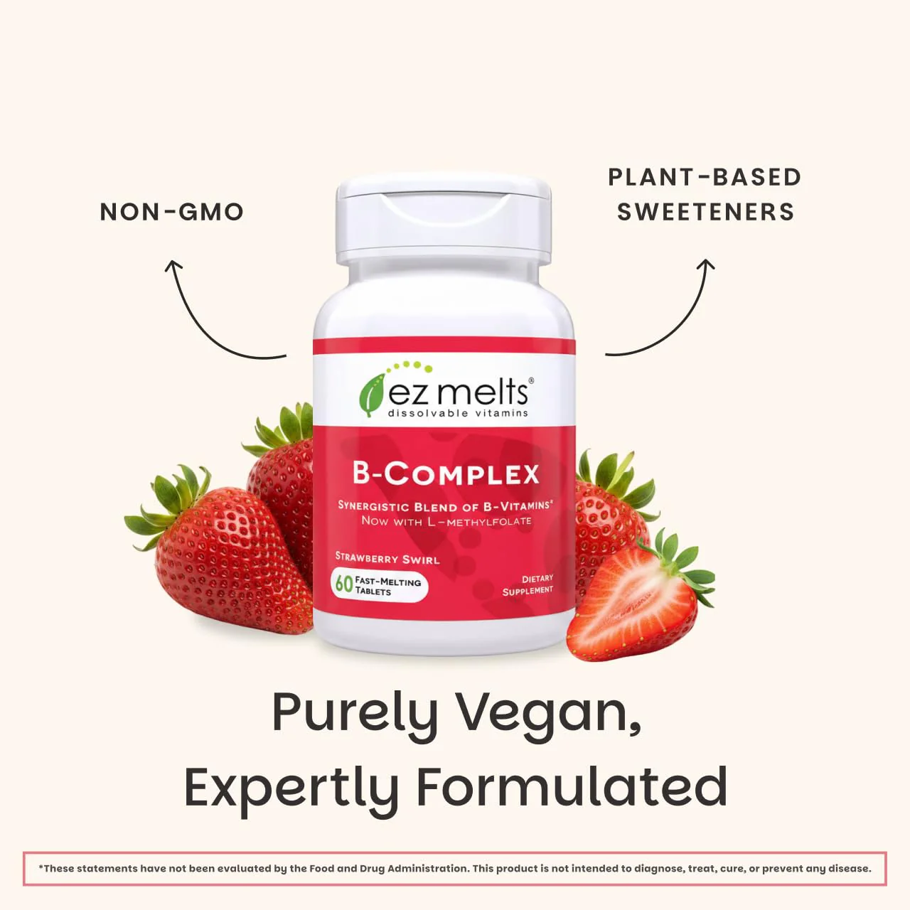 EZ Melts Dissolvable B-Complex - Vitamin B Complex - Provides Energy Metabolism & Heart Health Support - with Methylated B12 & Folate - Non-GMO & Vegan - Strawberry Swirl - 60 Tablets (60 Servings) - Image 5