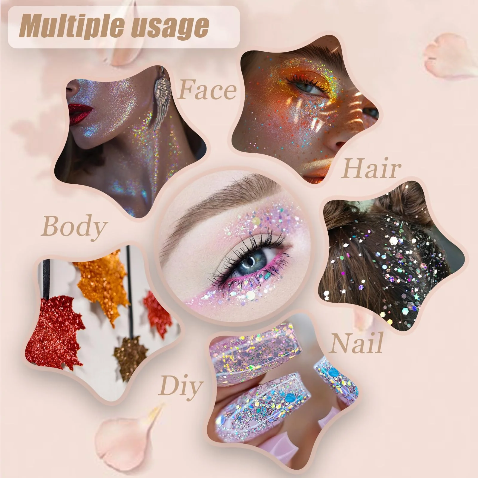 Face Body Glitter, Hair Glitter Sparkles Chunky Face Glitter Gel for Girls Makeup Singer Concerts Mermaid Festival Sequins Face Paint (White+Silver+Pink+Gold+Blue) - Image 4