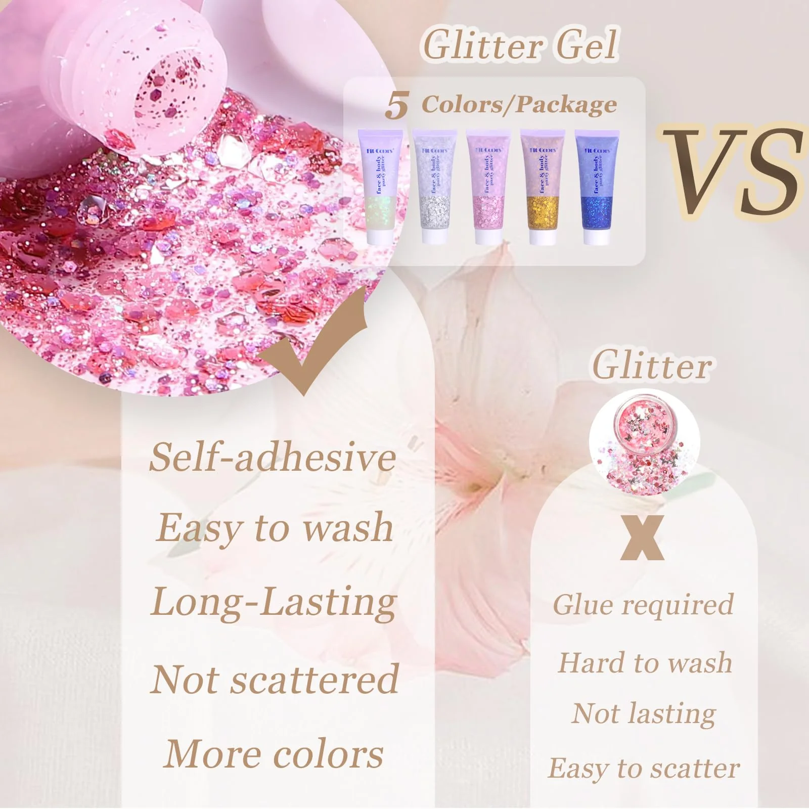 Face Body Glitter, Hair Glitter Sparkles Chunky Face Glitter Gel for Girls Makeup Singer Concerts Mermaid Festival Sequins Face Paint (White+Silver+Pink+Gold+Blue) - Image 5
