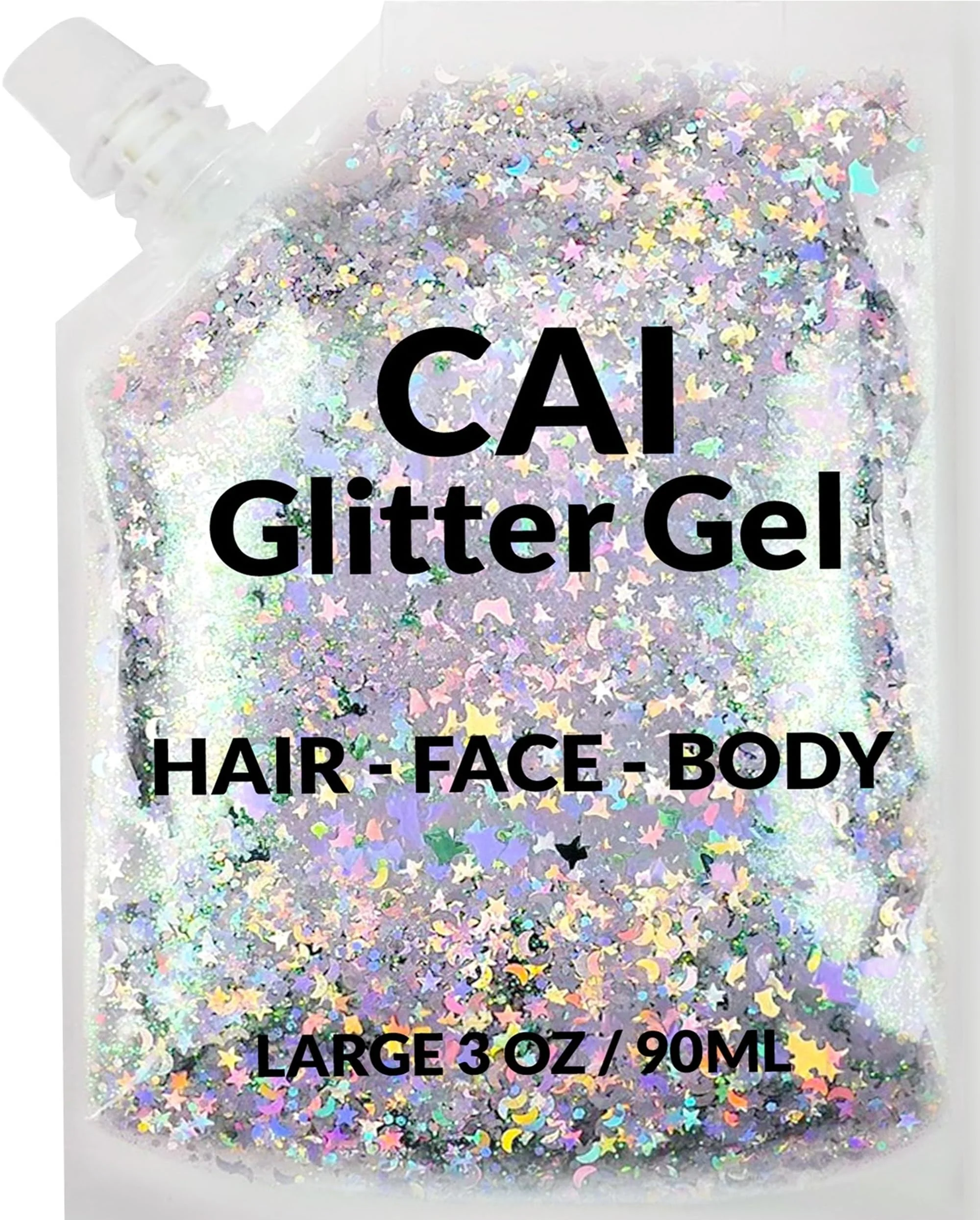 Face, Body & Hair Glitter Gel – Rave Glitter for Kids and Women – 3 Oz Cosmetic-Grade Gel w/Moon & Stars for Festivals & Halloween Party, Easy Apply & Wash Off - Silver 1Pack