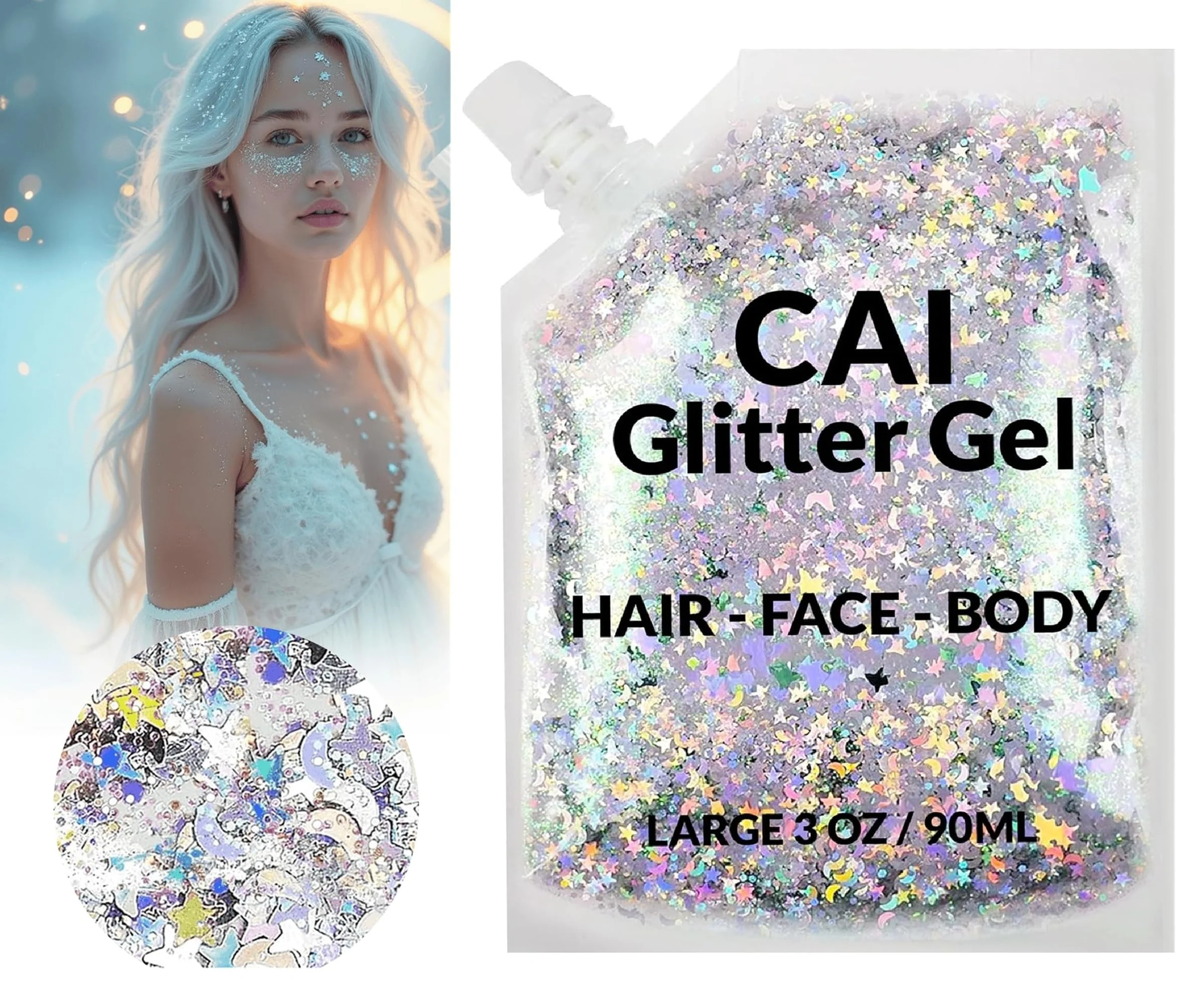 Face, Body & Hair Glitter Gel – Rave Glitter for Kids and Women – 3 Oz Cosmetic-Grade Gel w/Moon & Stars for Festivals & Halloween Party, Easy Apply & Wash Off - Silver 1Pack - Image 5