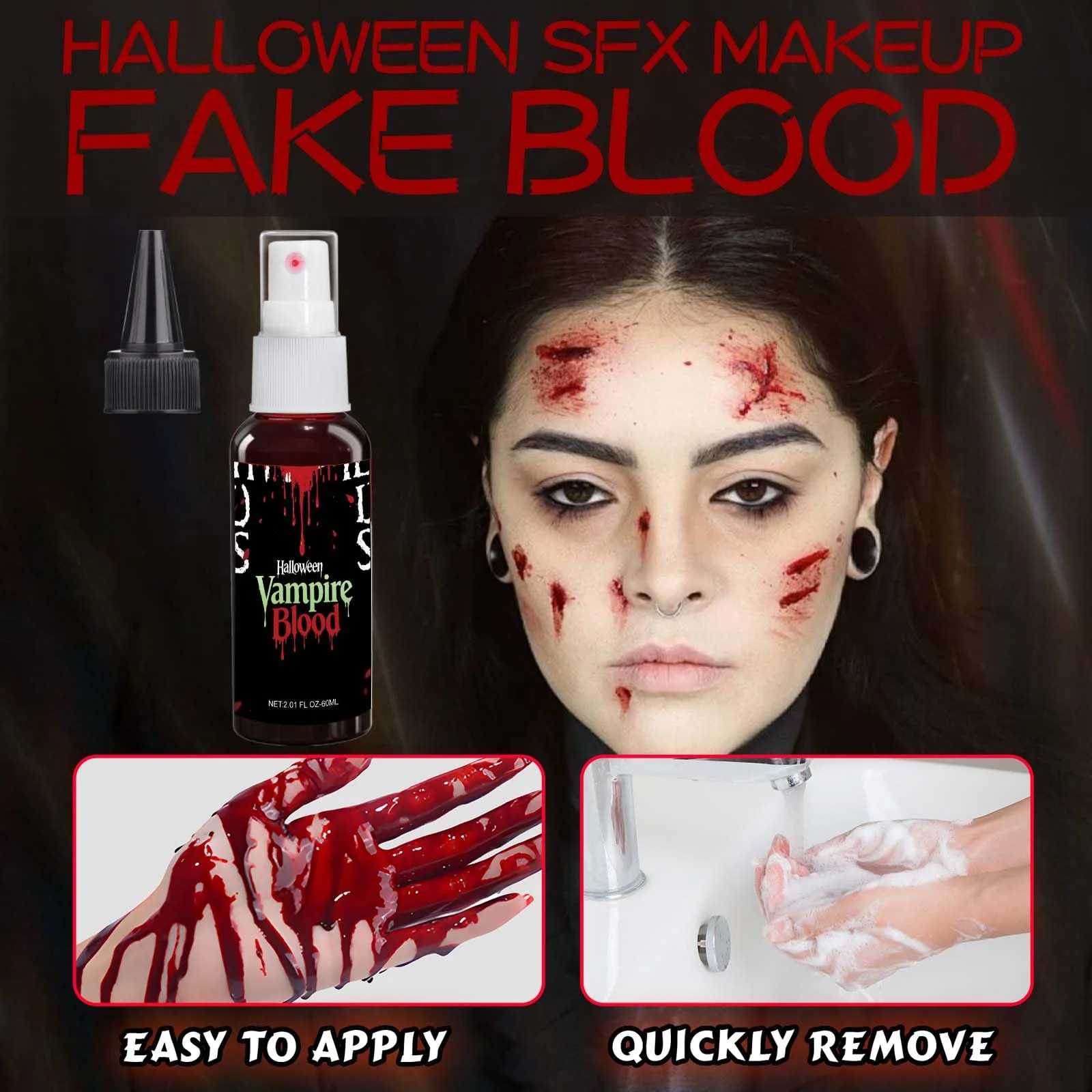 Fake Blood spray,2.01FL.OZ Vampire Blood Makeup,Halloween Fake Blood Spray Eye Blood Drops Body Paint?Blood Splatter for Clothes,Halloween Zombie Monster Vampire Blood Costume Cosplay Makeup,1PC - Image 4