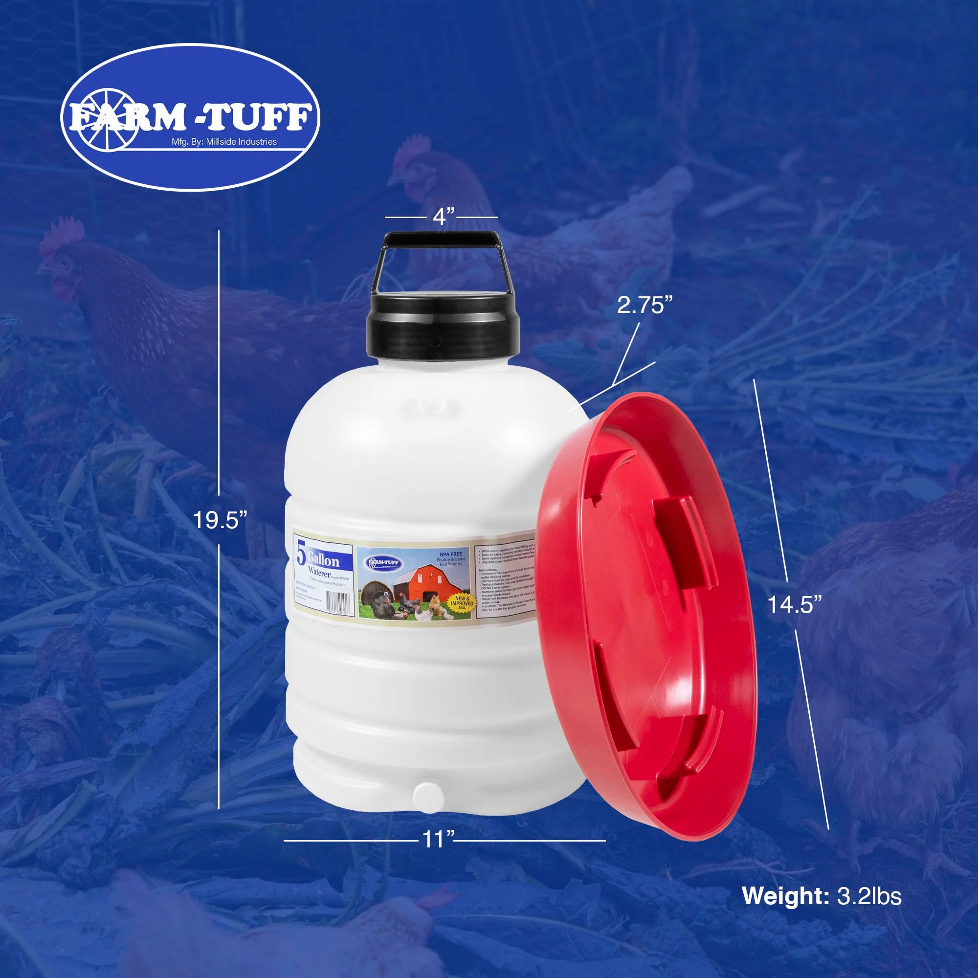 FARM-TUFF Hanging Chicken Waterer, 5 Gallon Capacity - Plastic Poultry Fountain with Top Fill Design - Automatic Water Dispenser for Chickens, Ducks, Turkeys & Game Birds - Image 2