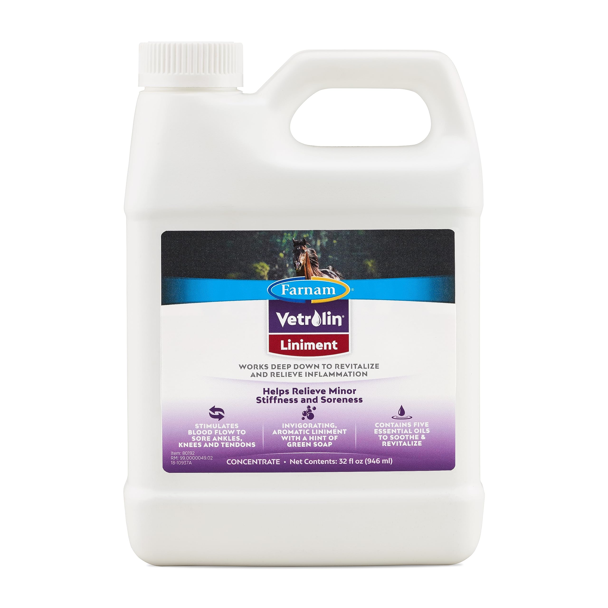 Farnam Vetrolin Horse Liniment for Muscle Soreness, Stiffness and Inflammation Relief on Horses, Helps Reduce Swelling, Aids in Pain Relief, 32 Oz.