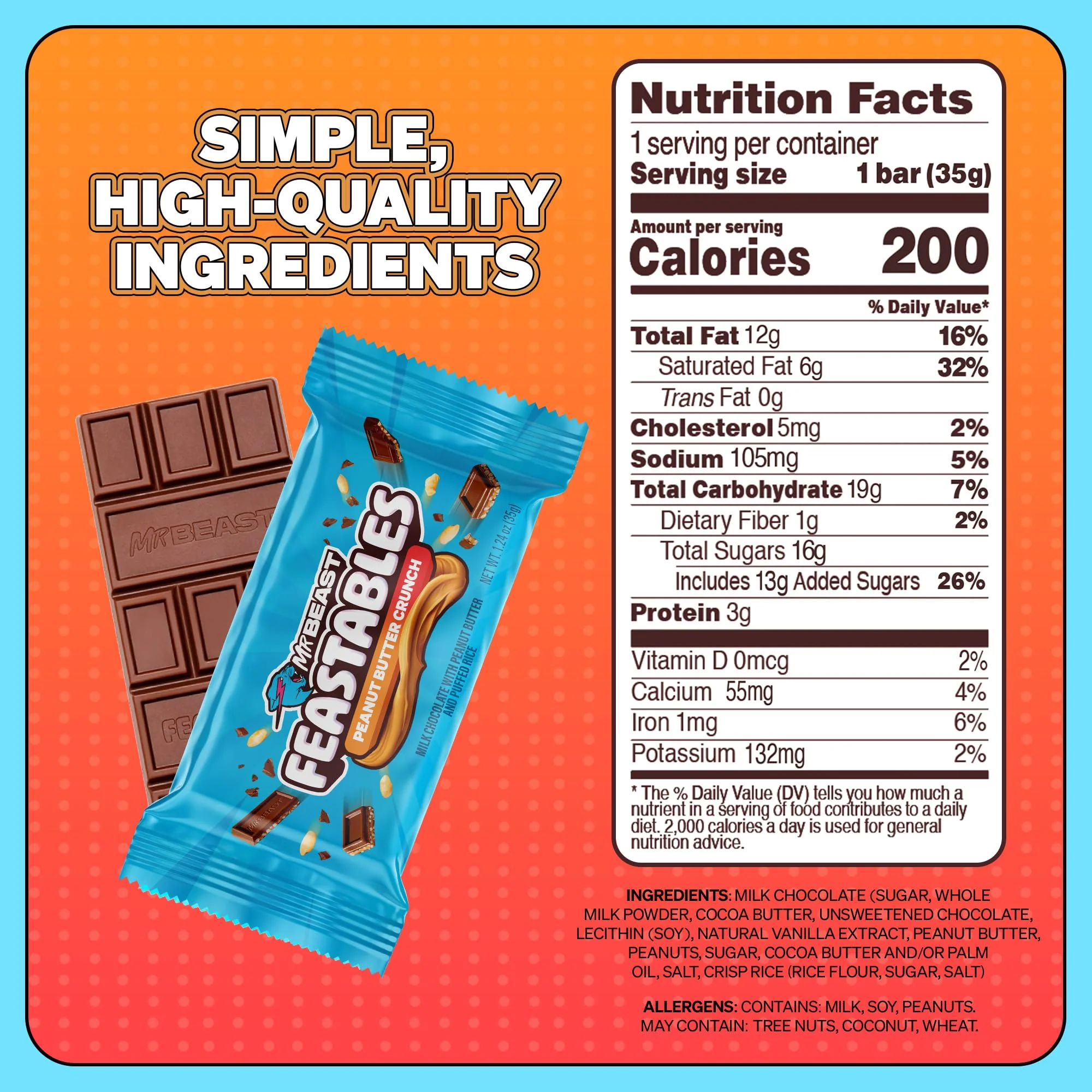 Feastables MrBeast Peanut Butter Milk Chocolate Crunch Chocolate Bar, Full Size Bar for Adults & Kids, Candy Bars, Snacks, Gifts, Dessert, Fairtrade Cocoa, 1.24 Oz Ea, 24 Count - Image 6