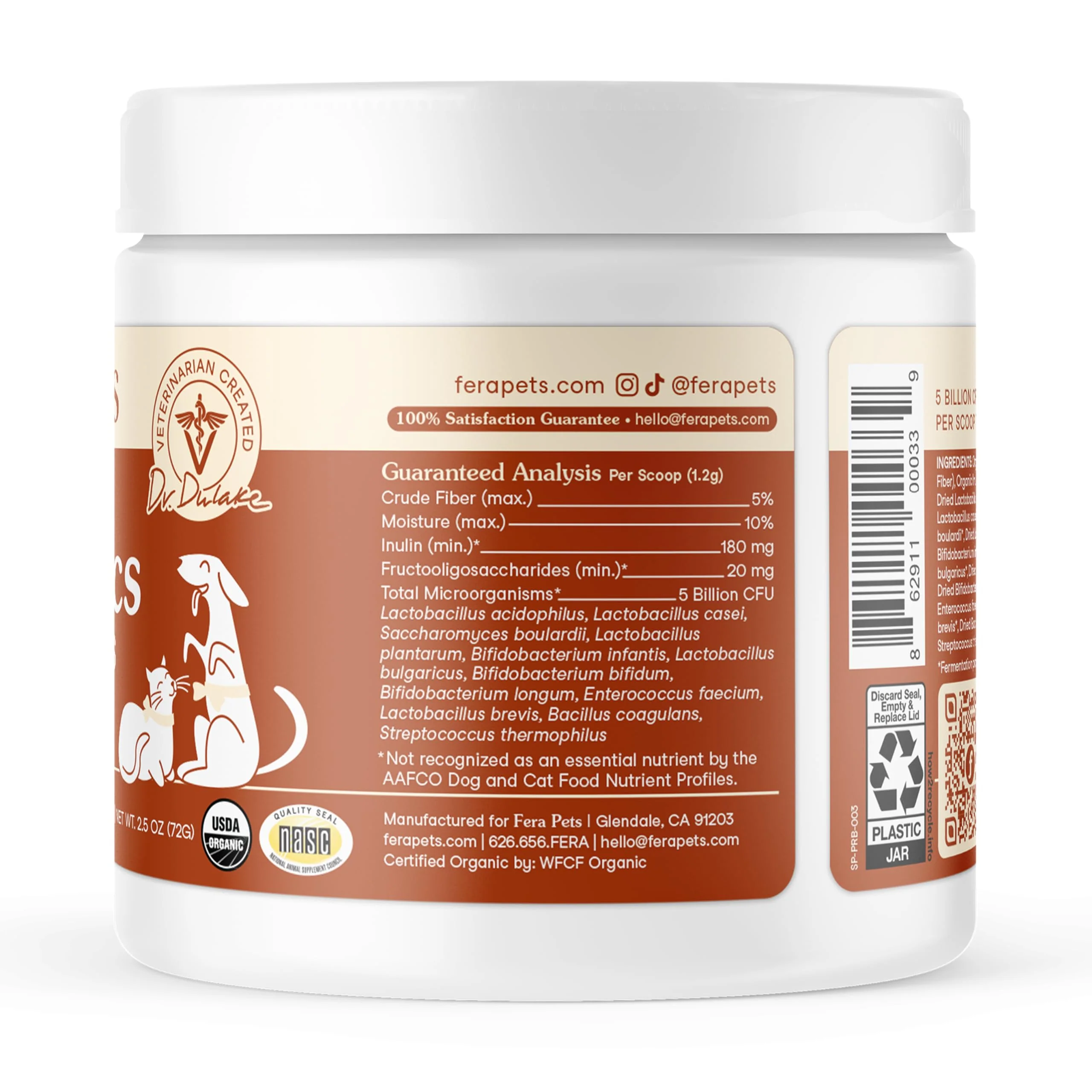 Fera Pets Probiotics for Dogs & Cats with Prebiotics - USDA Organic - Gut Health Powder Supplement with 12 Strains and 5 Billion CFUs - Supports Immunity, Energy and Skin & Coat - 60 Scoops - Image 2