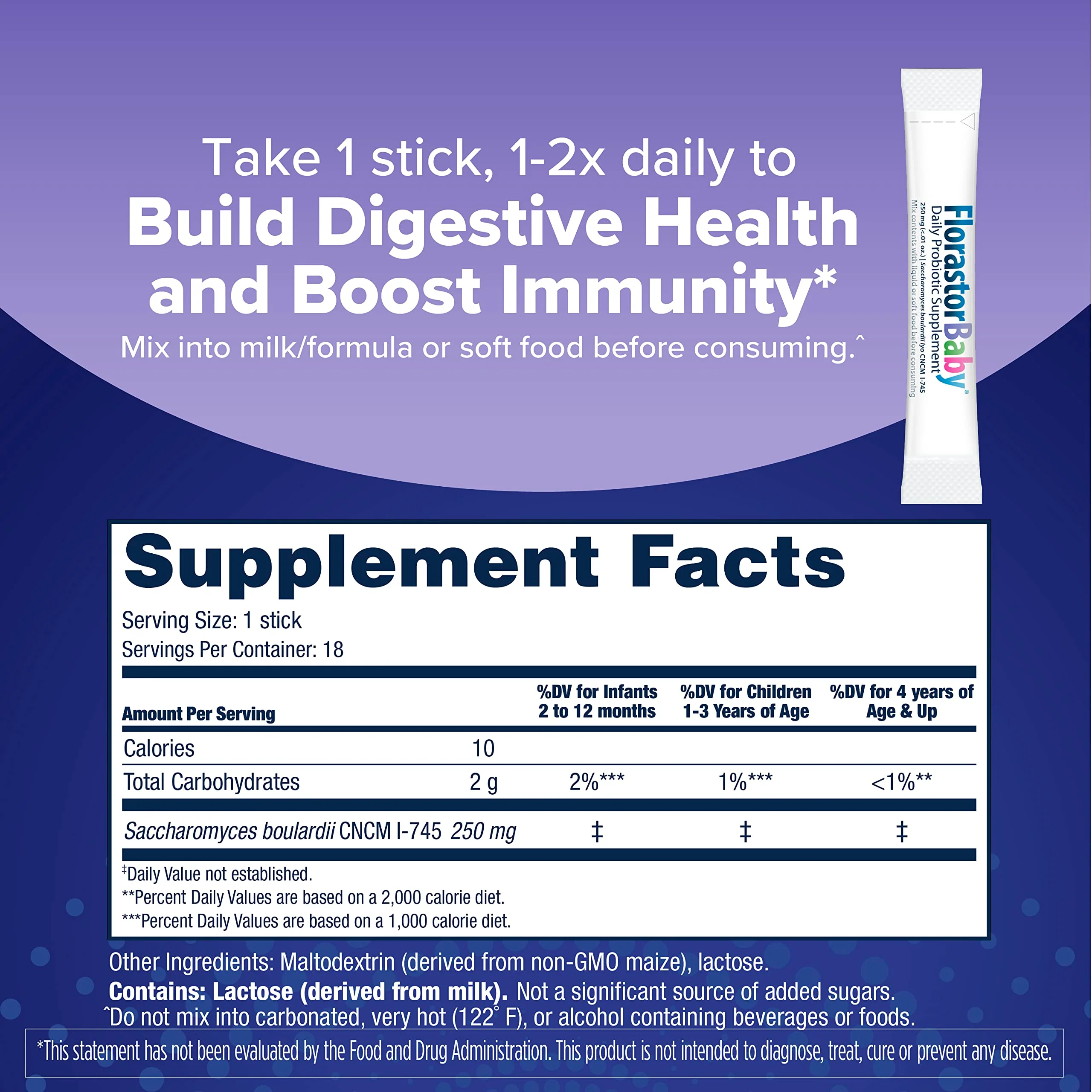 Florastor Baby Daily Probiotic Supplement, Powder Mixes with Milk, Formula or Soft Foods, Saccharomyces Boulardii CNCM I-745 (18 Powder Sticks) - Image 7