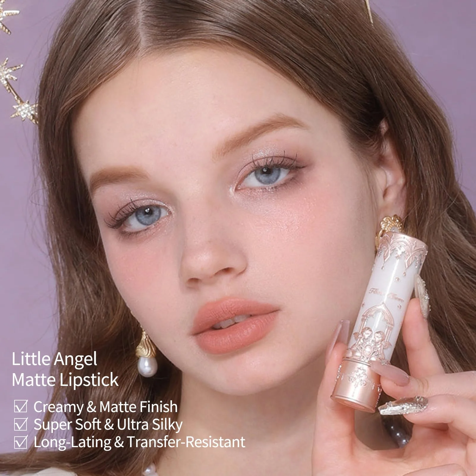 Flower Knows Little Angel Matte Lipstick,Super Soft & Ultra Silky Lip Mud Stick,Long Lasting & Moisturizing Vegan Lip Makeup for Girls&Women,Velvety Nude Peachy Finish(C01 Starry Cross) - Image 5