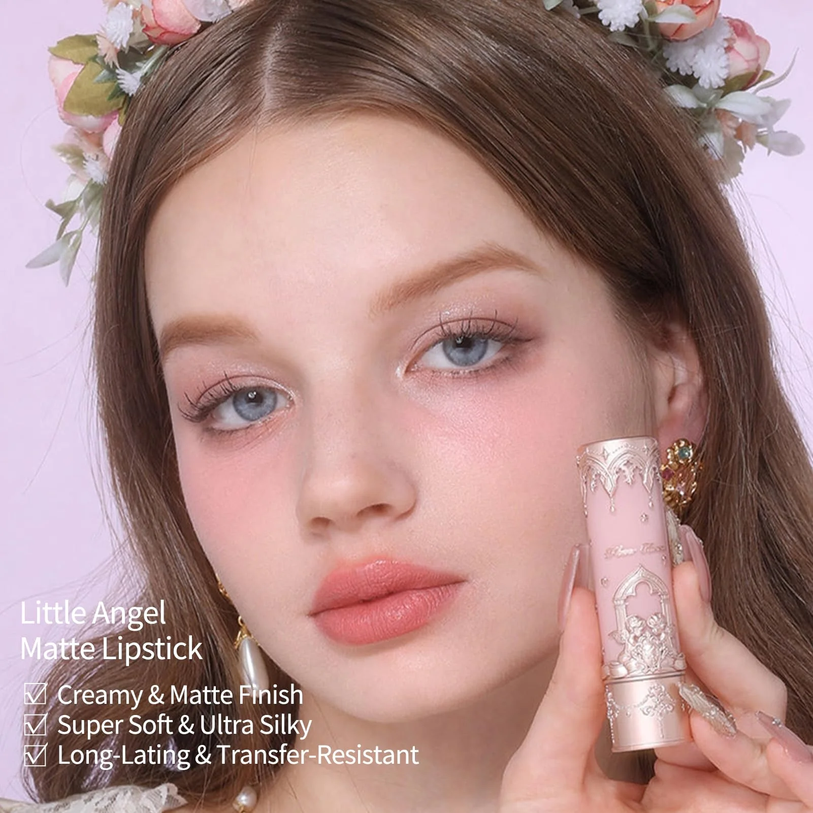 Flower Knows Little Angel Matte Lipstick,Super Soft & Ultra Silky Lip Mud Stick,Long Lasting & Moisturizing Vegan Lip Makeup for Girls&Women,Velvety Pink Finish(C04 Cupid) - Image 5