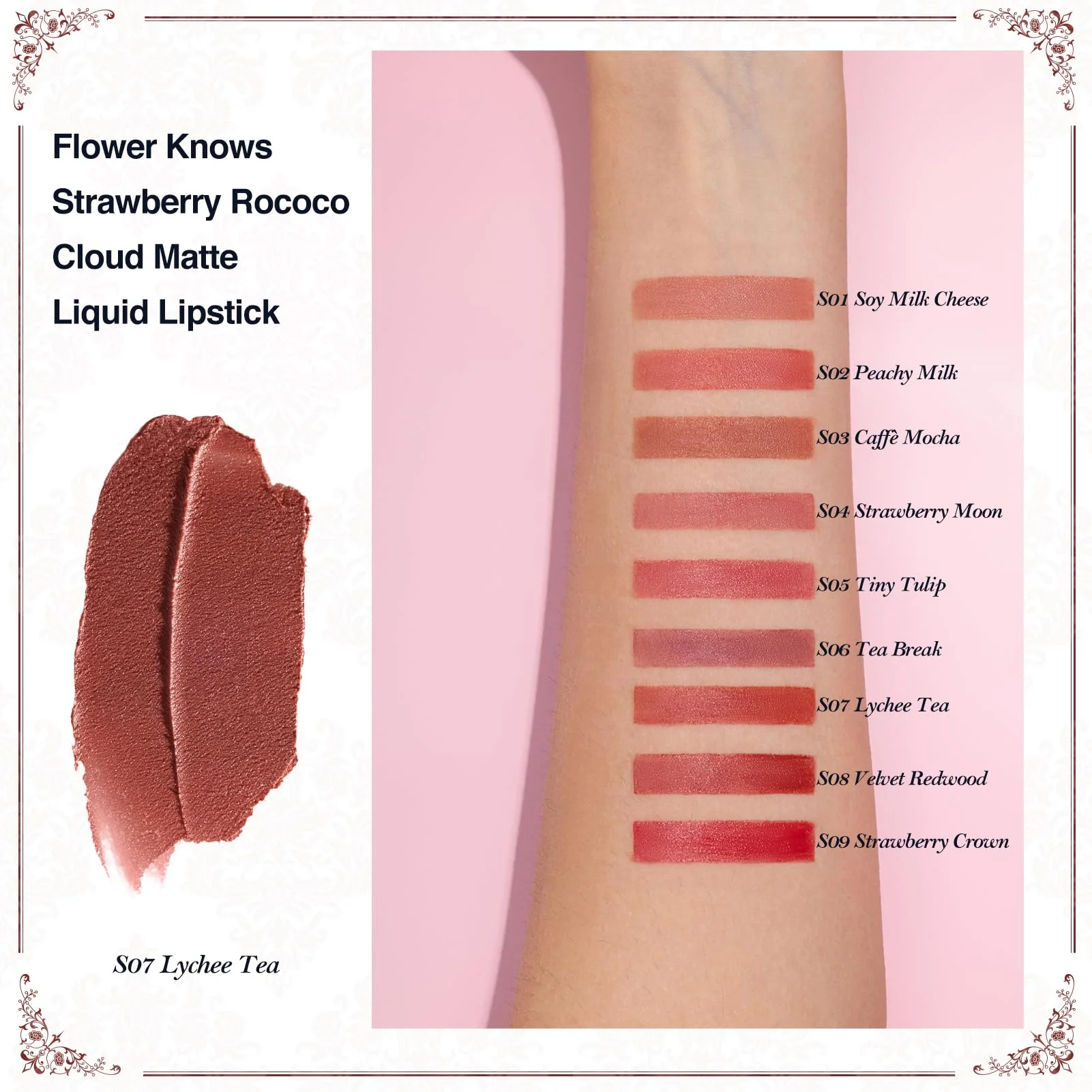 Flower Knows Strawberry Rococo Cloud Lip Cream,Long Lasting Rosy Terracotta Matte Lipstick,Hydrating Lip Stain,Transfer & Smudge Proof Velvet Liquid Lipstick for Girl&Women,0.12 Fl Oz(S07 Lychee Tea) - Image 8