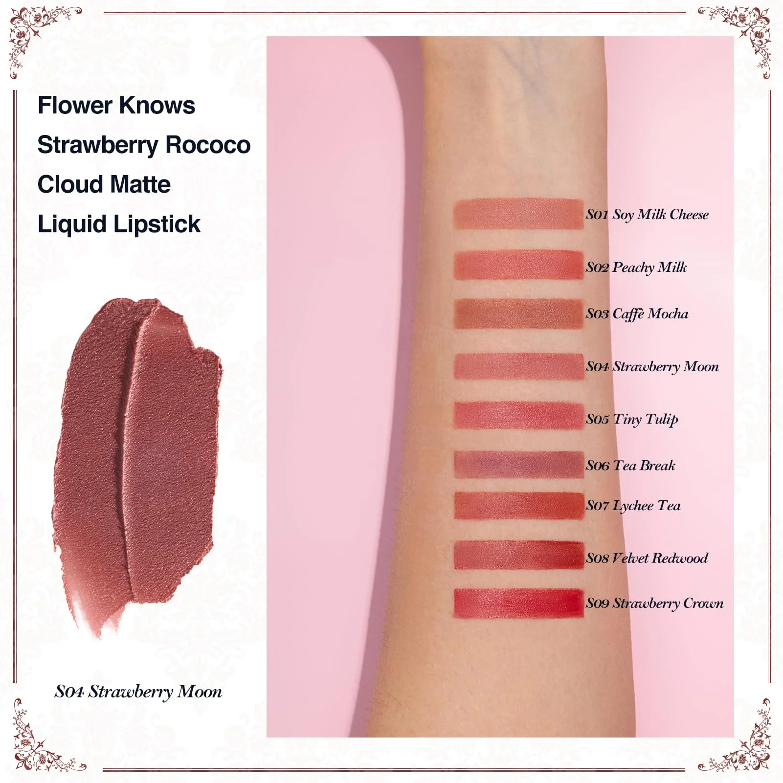 Flower Knows Strawberry Rococo Cloud Lip Cream,Long Lasting Soft Pink Matte Lipstick,Hydrating Lip Stain,Transfer & Smudge Proof Velvet Liquid Lipstick for Girls&Women,0.12 Fl Oz(S04 Strawberry Moon) - Image 8