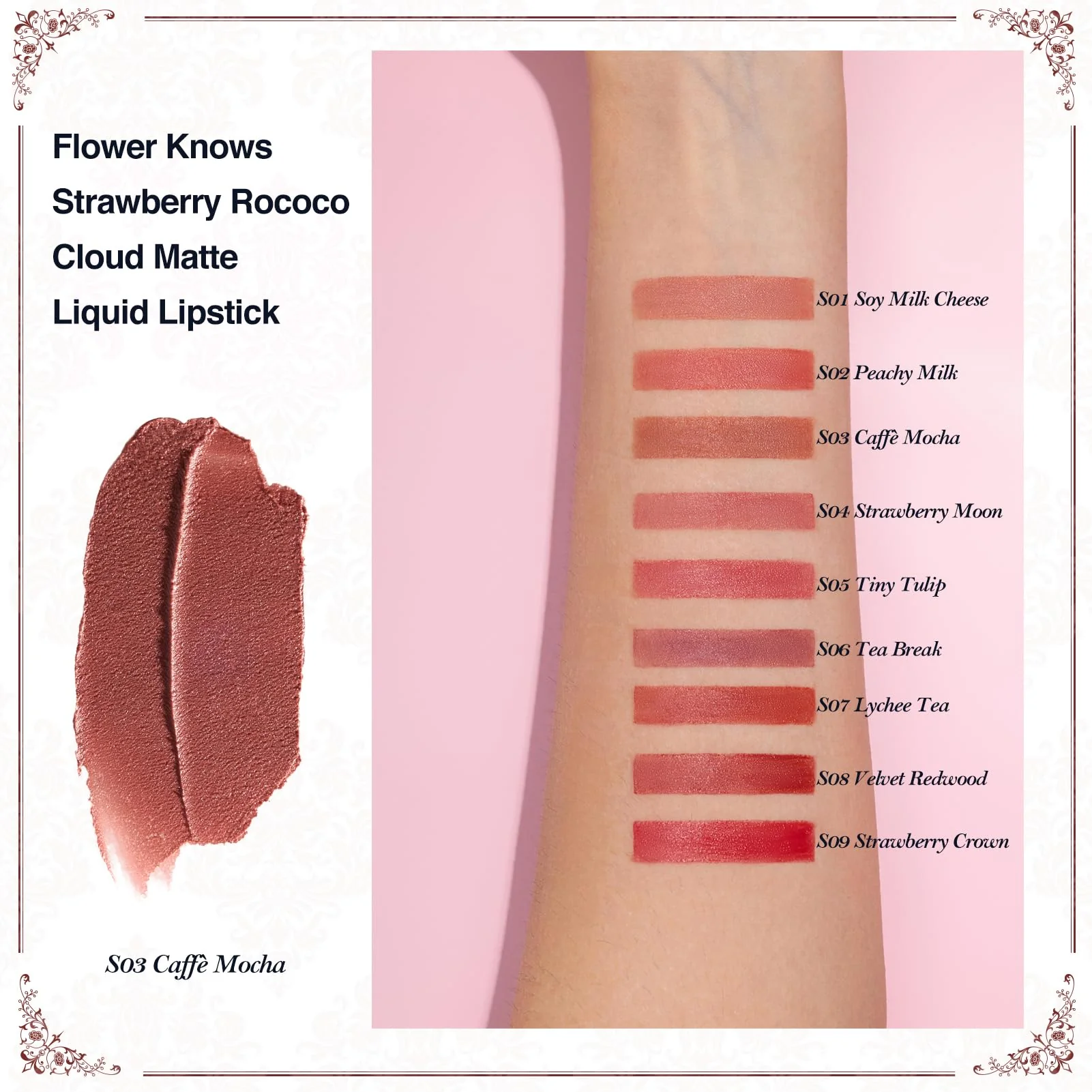 Flower Knows Strawberry Rococo Cloud Lip Cream,Long Lasting Warm Brown Nude Matte Lipstick,Hydrating Lip Stain,Transfer& Smudge Proof Velvet Liquid Lipstick for Girls&Women,0.12 Fl Oz(S03 Caffe Mocha) - Image 8
