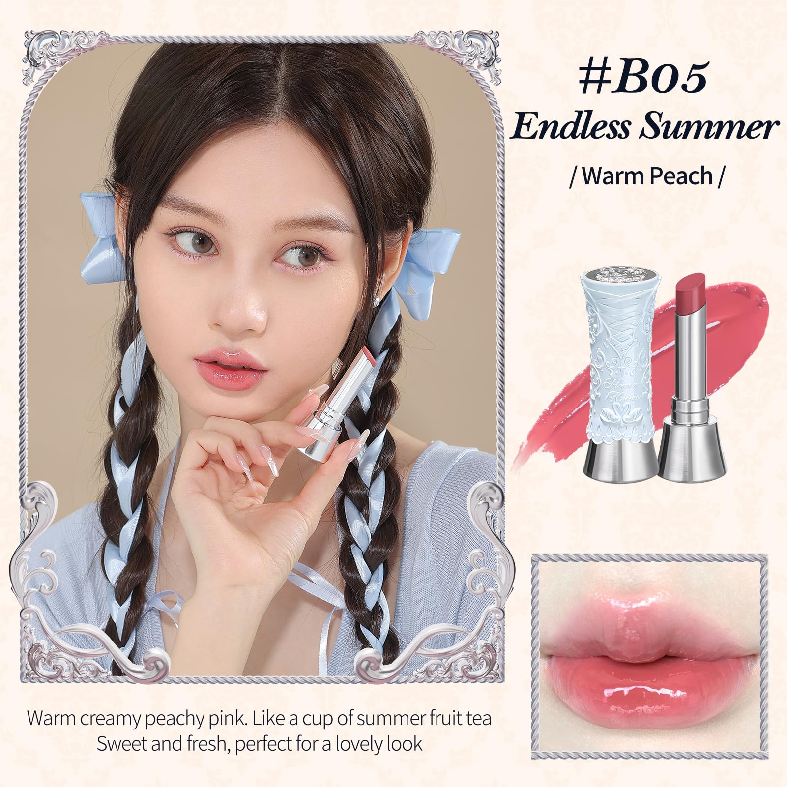 Flower Knows Swan Ballet Shine Lipstick,Hydrating Solid Lip Gloss,Moisturizing Pink Tinted Lip Balm-Long Lasting Lip Gloss in Balm for Girls&Women,Vegan & Cruelty-Free(B05 Endless Summer) - Image 6