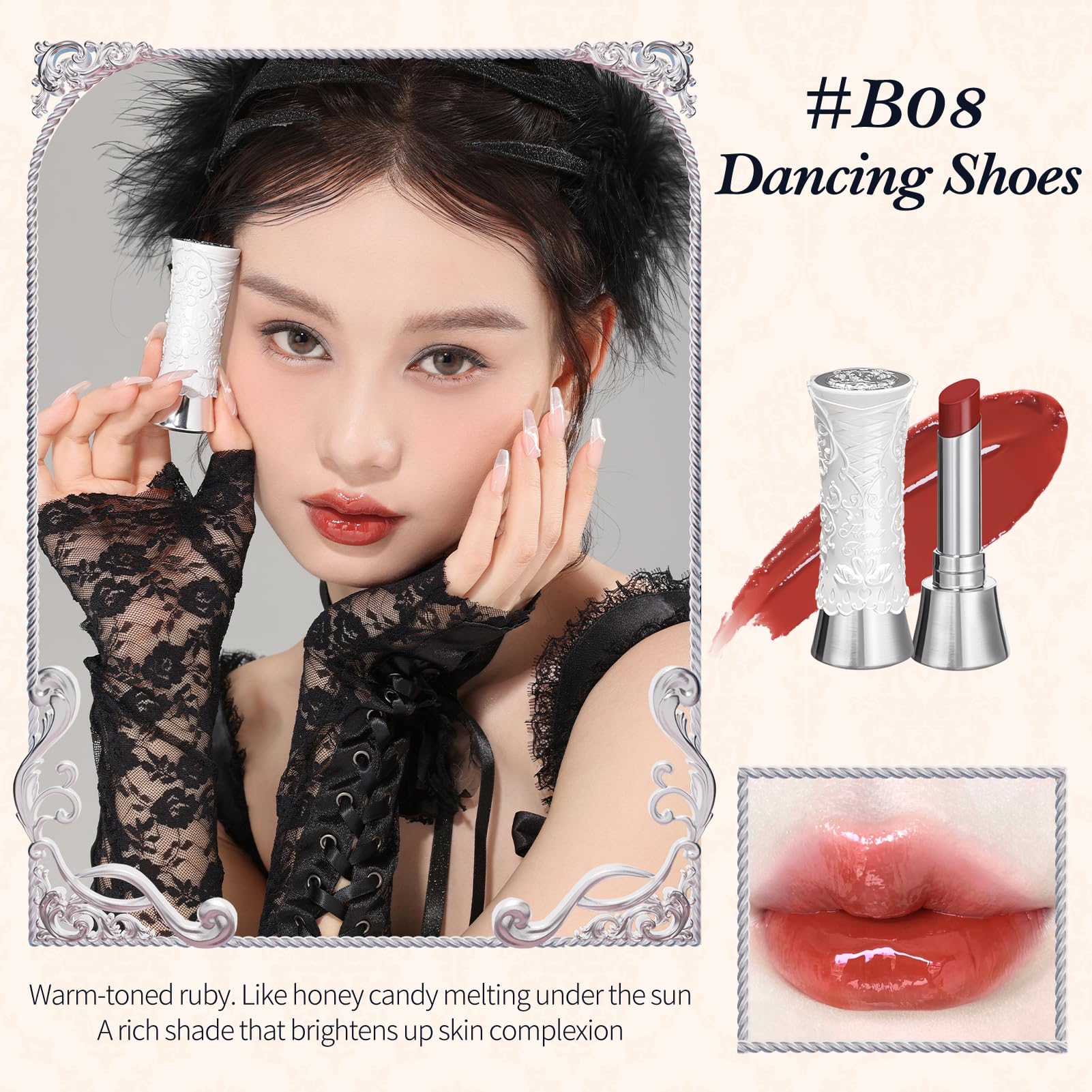 Flower Knows Swan Ballet Shine Lipstick,Hydrating Solid Lip Gloss,Moisturizing Red Tinted Lip Balm-Long Lasting Lip Gloss in Balm for Girls&Women(B08 Dancing Shoes) - Image 6