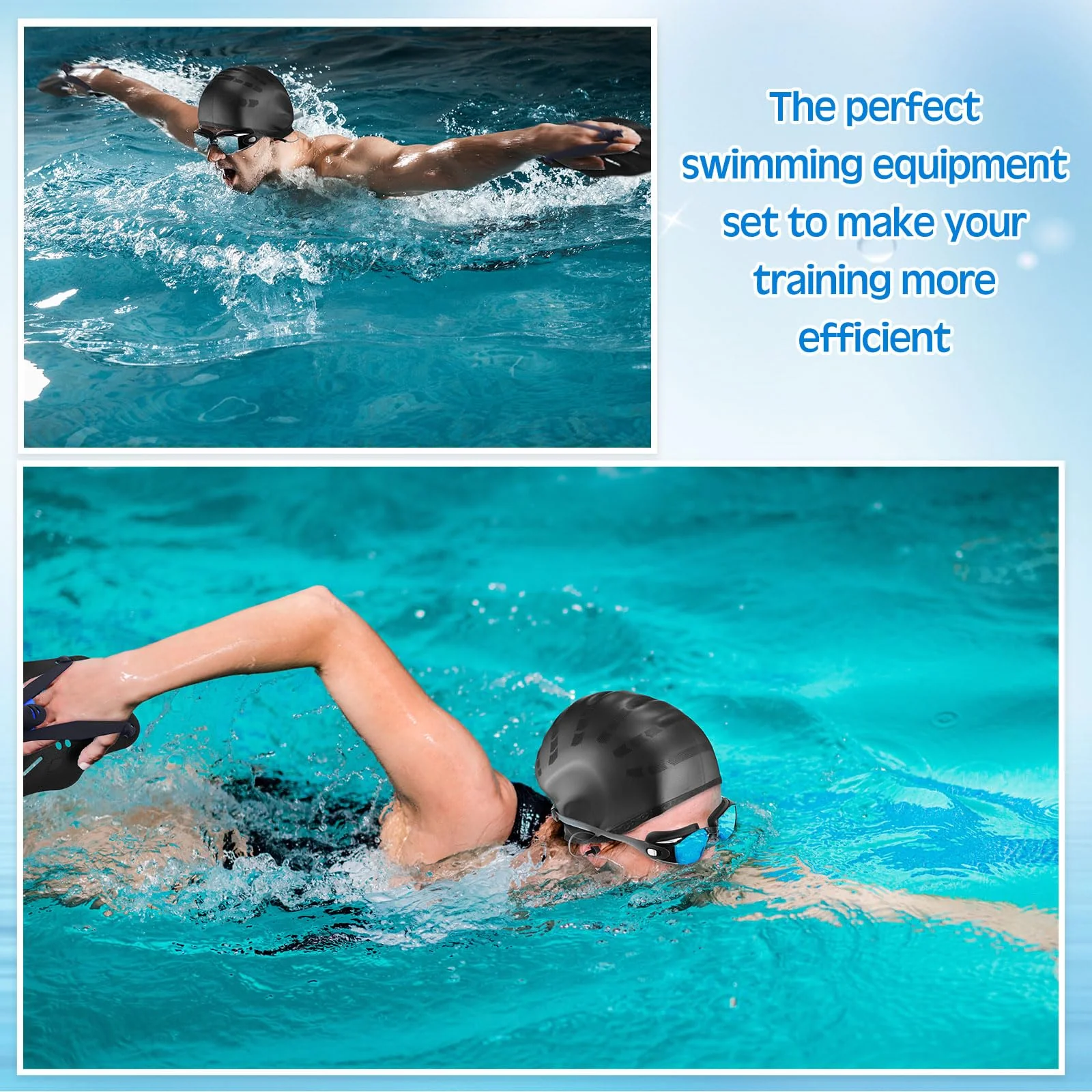 Foilswirl 8 Pcs Swimming Equipment Kit Anti Fog Swim Goggles Paddle Hand Cap Nose Cover Training Hand Paddles with Adjustable Straps for Lap Men Women(Black) - Image 2